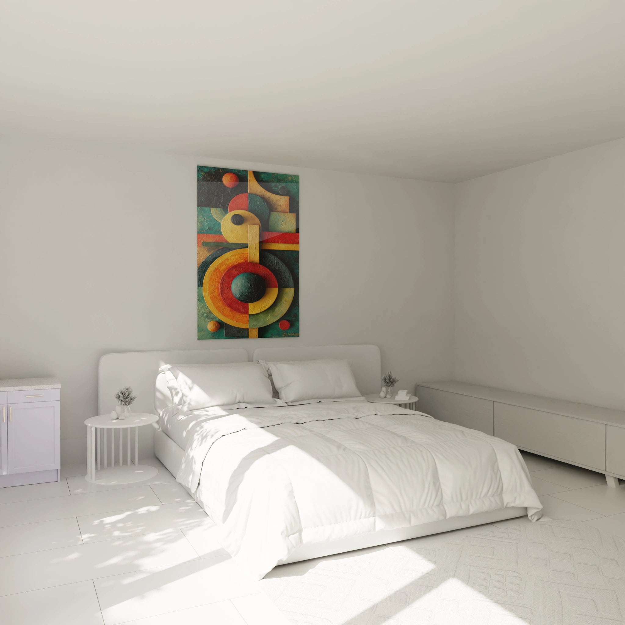 Walensky tableau géométrique bauhaus coloré accroché au dessus du lit blanc minimaliste dans une chambre lumineuse