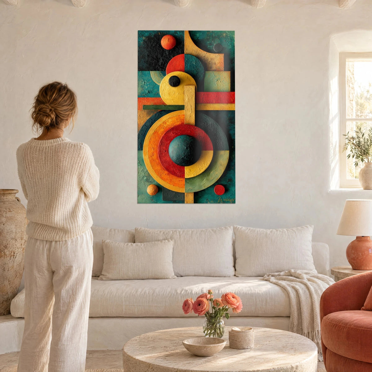 Tableau composition Bauhaus aux cercles jaune, rouge et vert sapin, relief texturé, au-dessus d'un canapé dans un salon lumineux