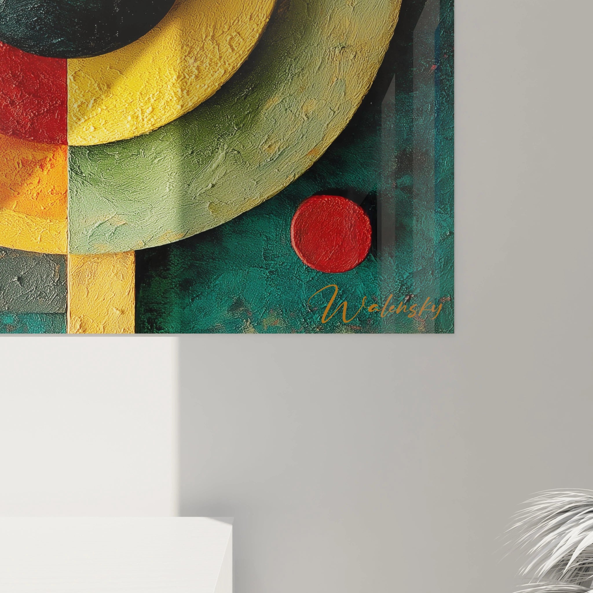 tableau géométrique bauhaus abstrait par Walensky motifs circulaires texturés jaune vert rouge sur fond turquoise
