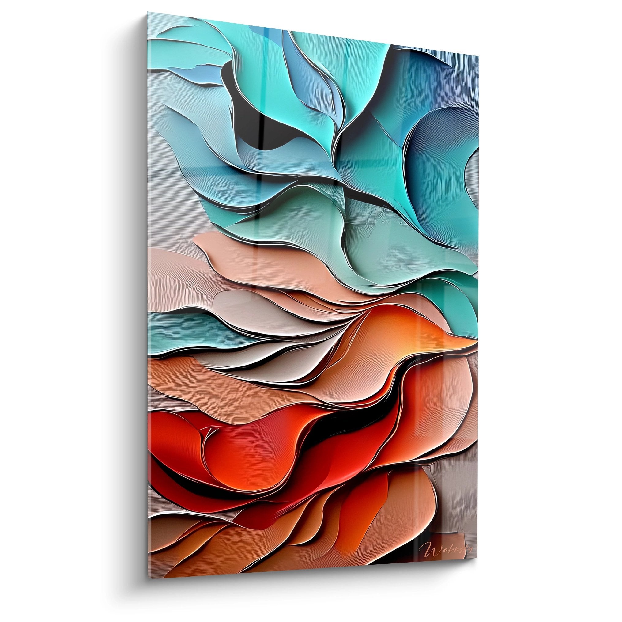 Tableau mural formes ondulantes abstraites aux couleurs fluides turquoise orange rouge texture moderne