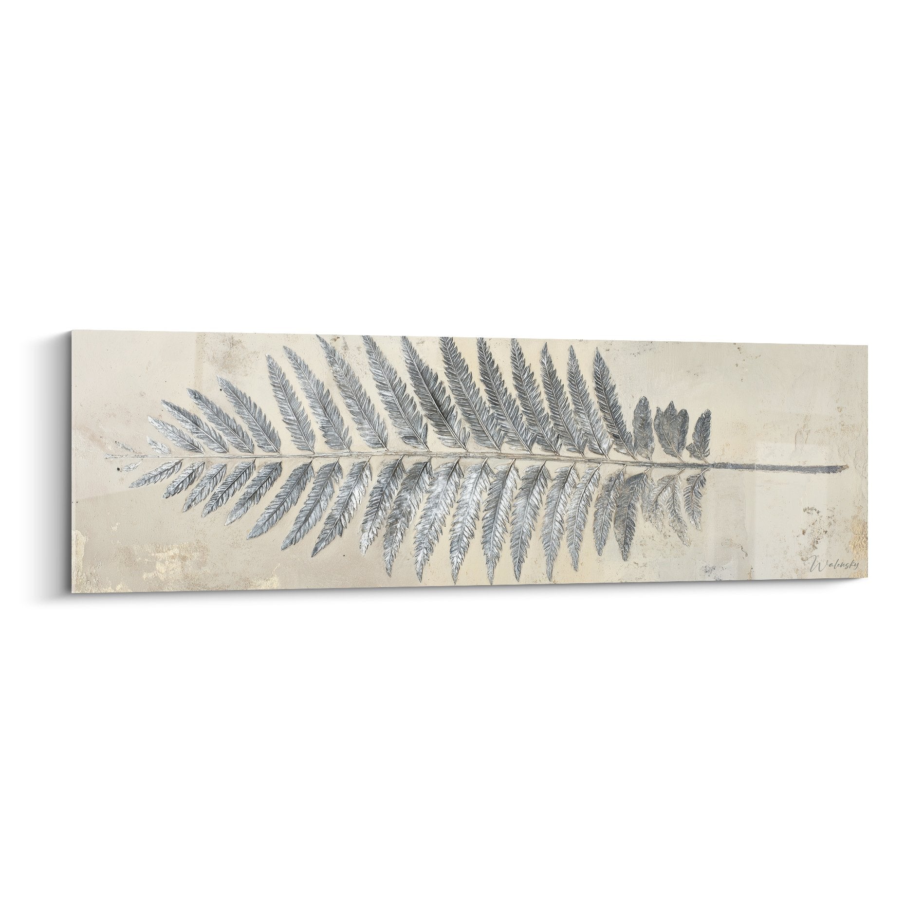 Gray anthracite fern wall art on aged beige background botanical Feng shui West Metal style