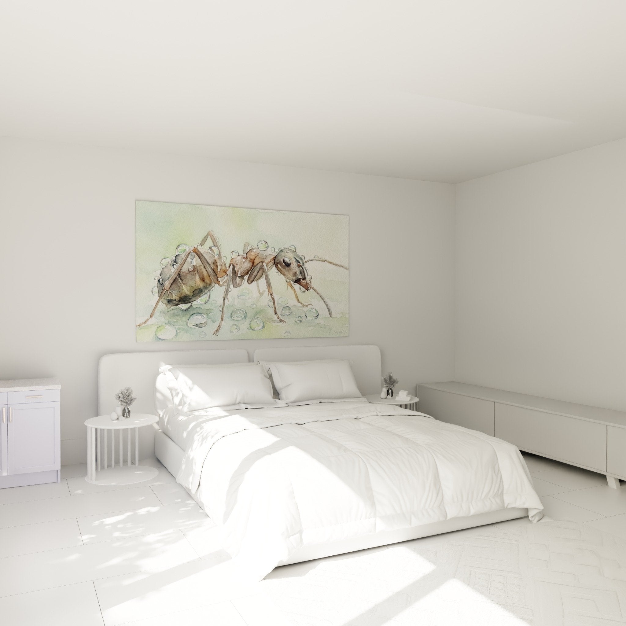 Ameisen-Aquarell-Gemälde natürliche Töne Schlafzimmer-Dekoration zen Natur-Atmosphäre Ameisen-Kunstwerk Wandmalerei