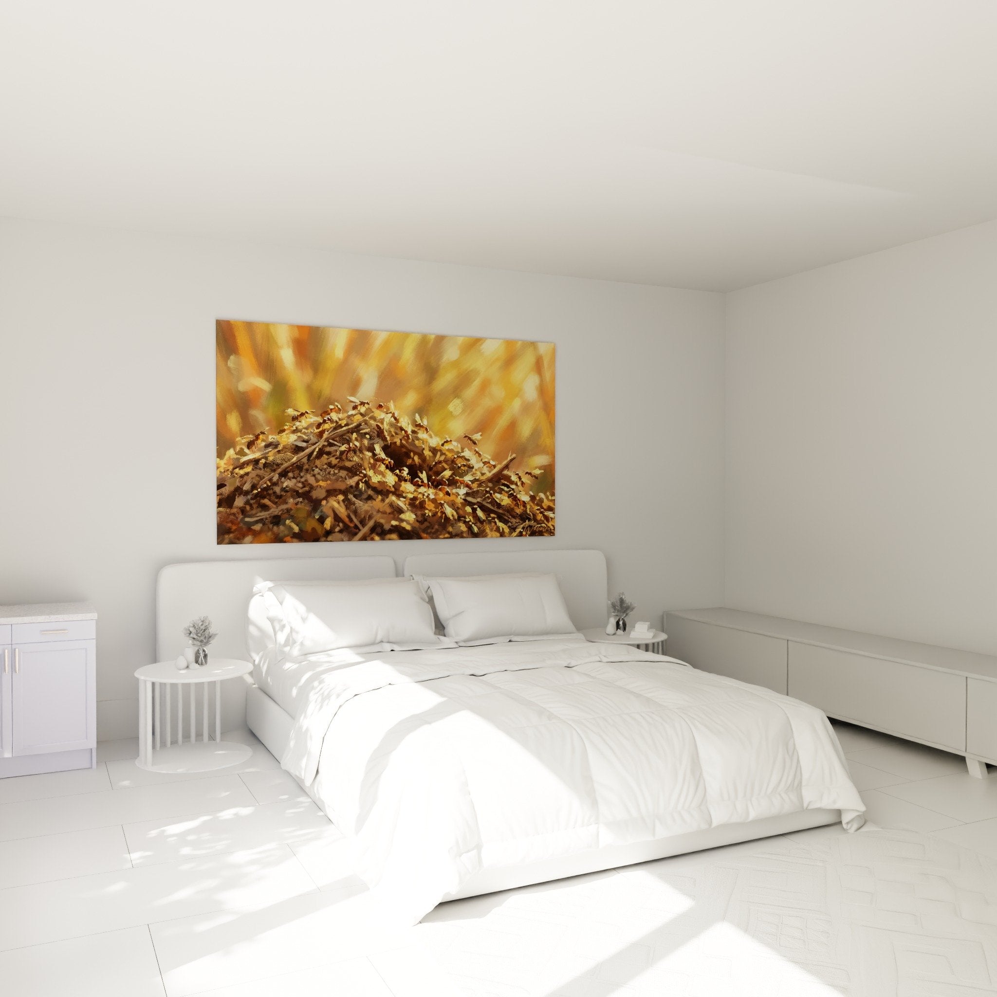 ant farm golden light bedroom wall art warm ambiance ants