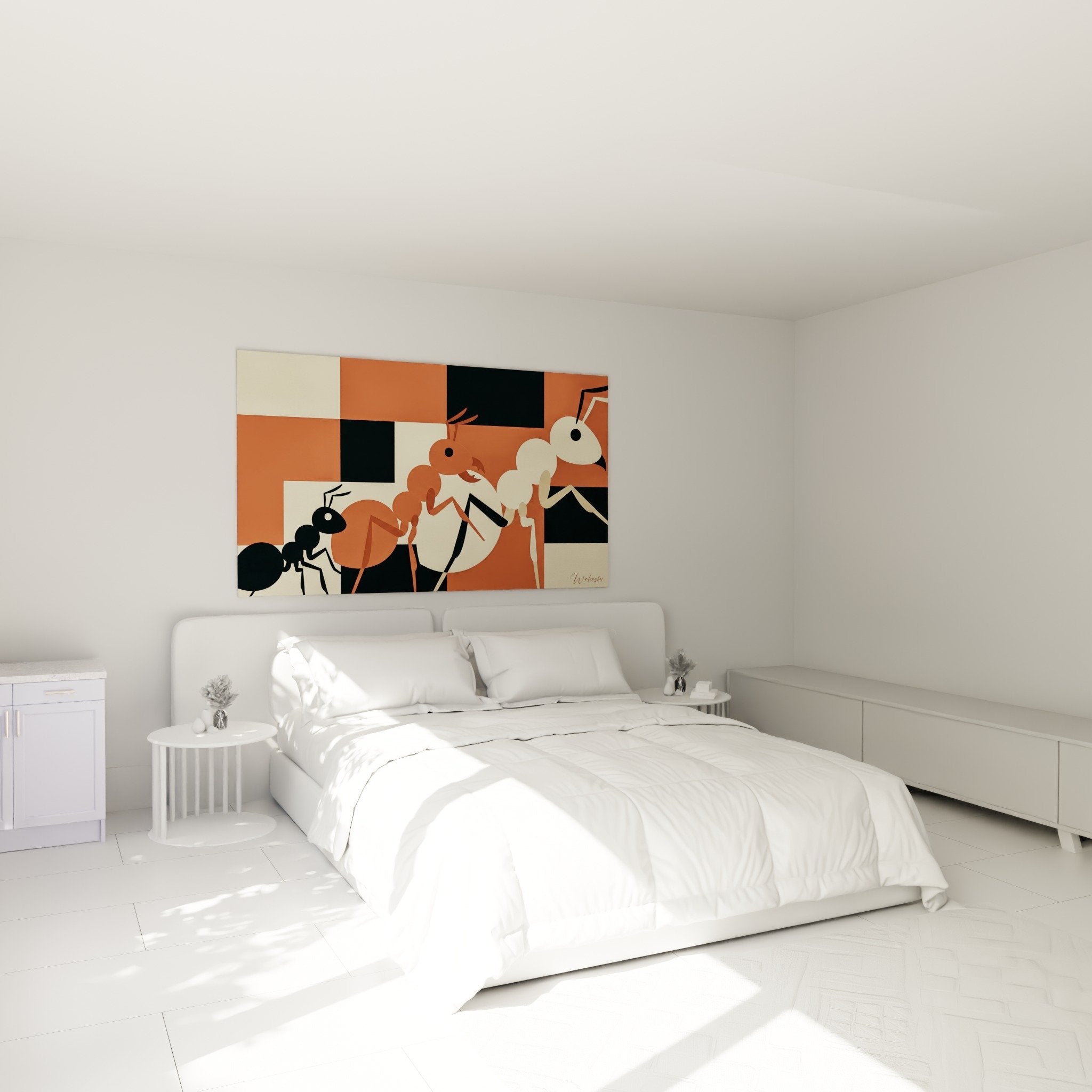 Graphic ants terracotta canvas in modern bedroom with beige walls ant wall art decoration