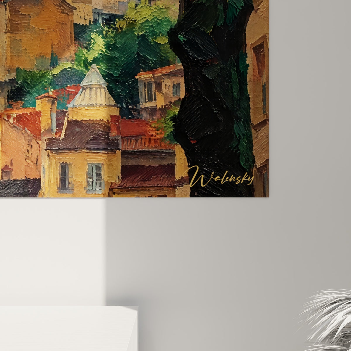 Quadro di Fourvière a impasto spesso, tronco verde scuro e cielo turchese, angolo in basso a destra a sinistra in vetro lucido, a destra in Dibond opaco