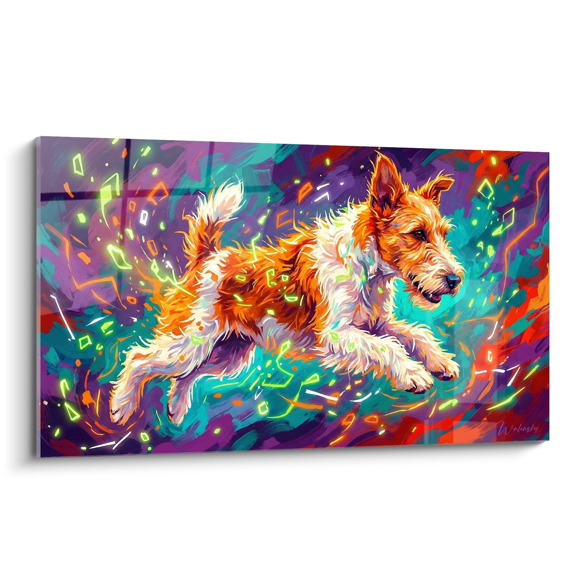 Tableau fox terrier bondissant couleurs vives orange turquoise violet eclats geometriques art moderne dynamique