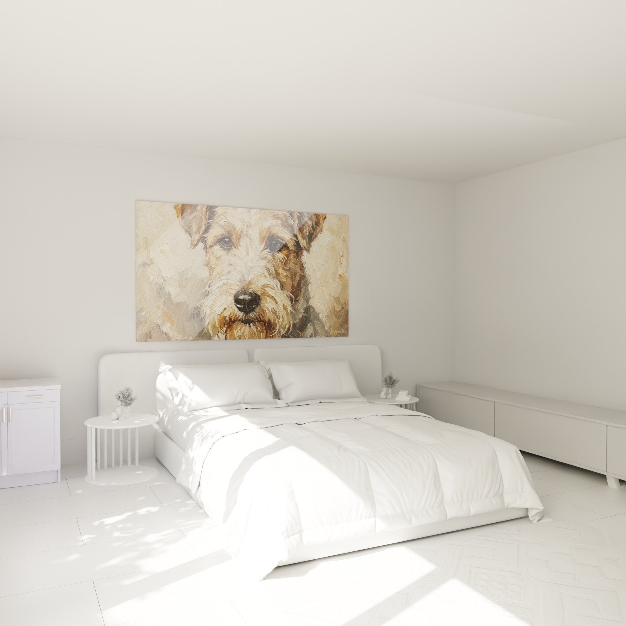 Tableau Fox Terrier tons chauds dans chambre cosy, décoration murale beige et crème, ambiance apaisante