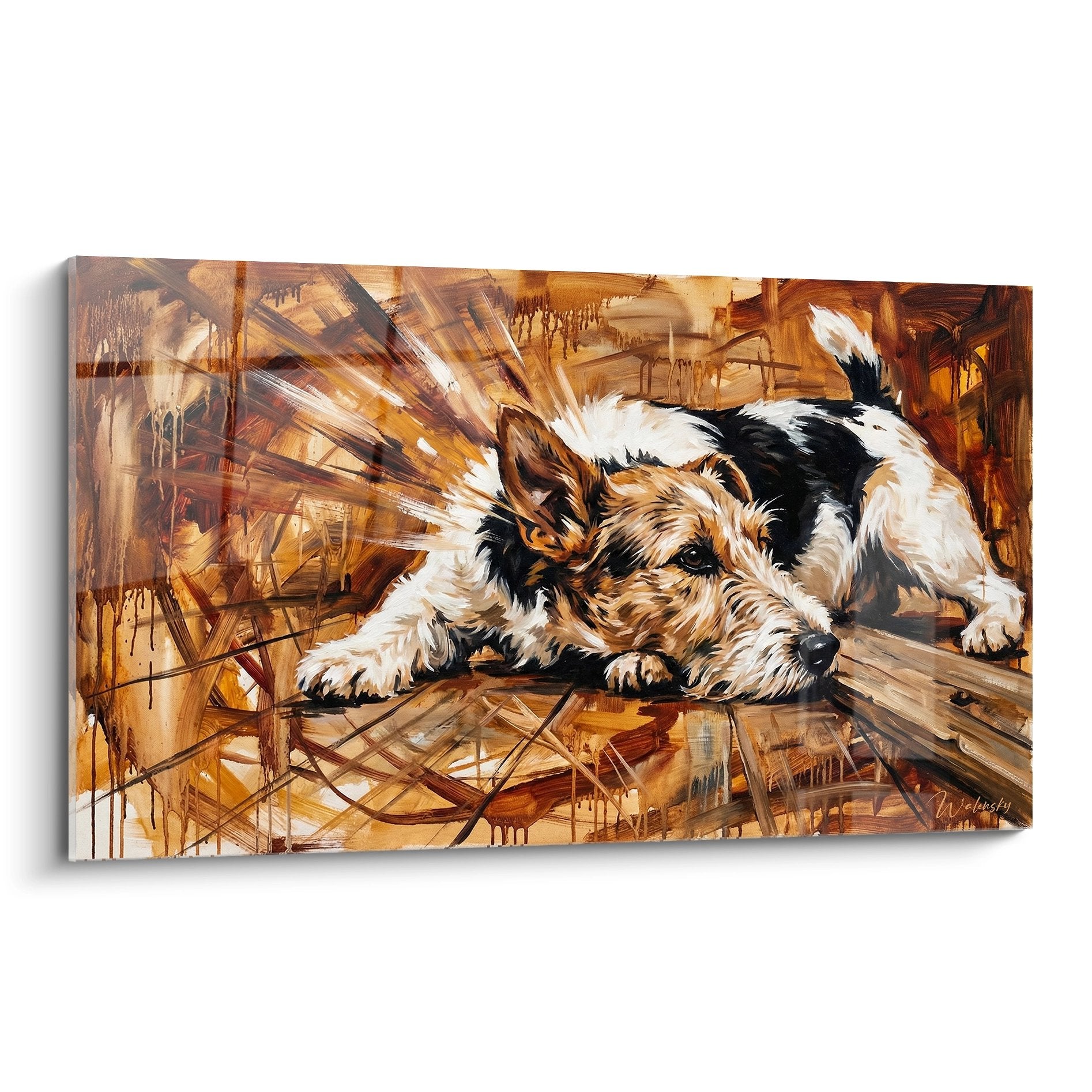 tableau fox terrier couché tons ocre et bruns style expressif contemporain repos chien