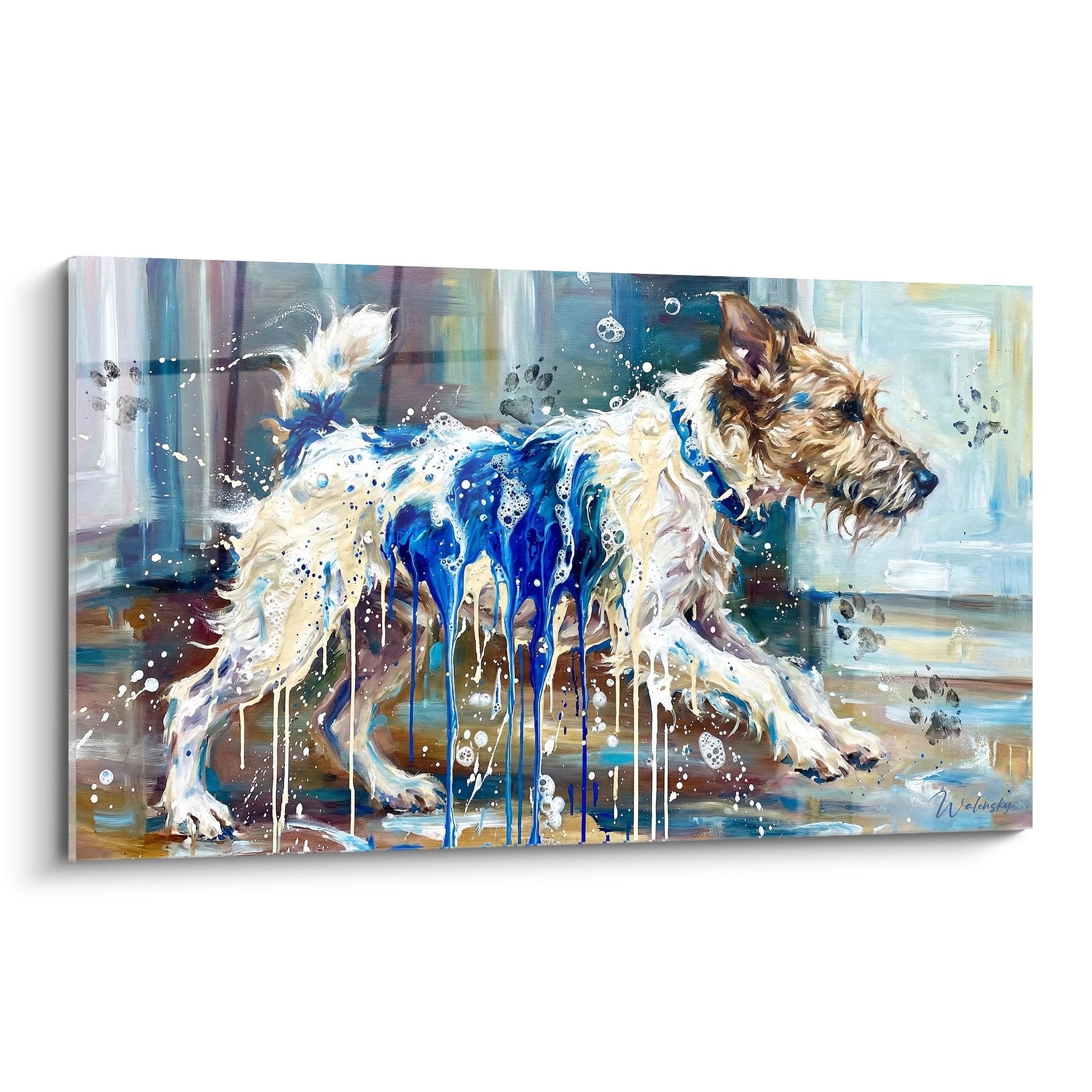 Tableau fox terrier éclaboussures bleues peinture contemporaine art canin dynamique