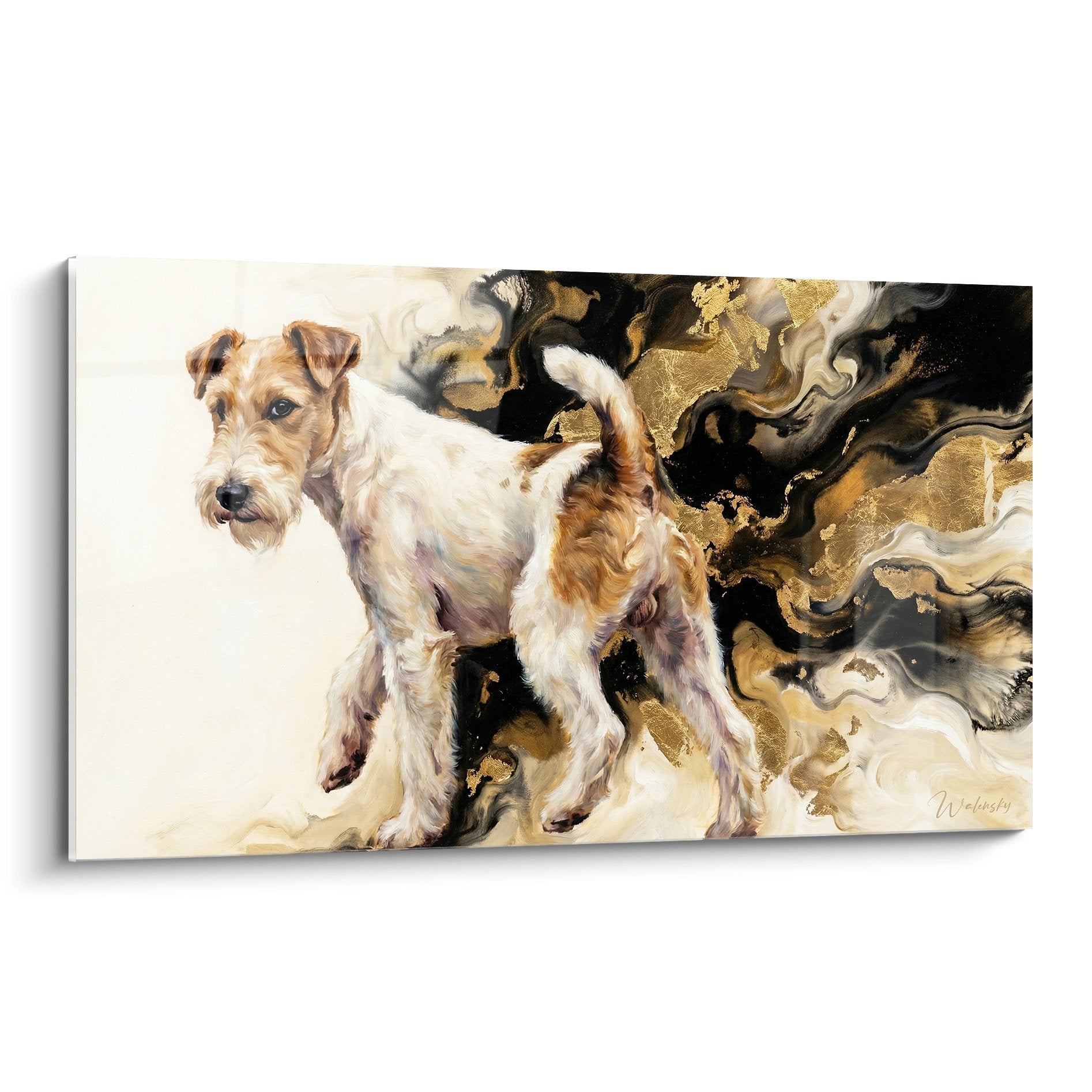 Tableau Fox Terrier blanc et roux sur fond abstrait aux volutes dorées et noires art mural contemporain