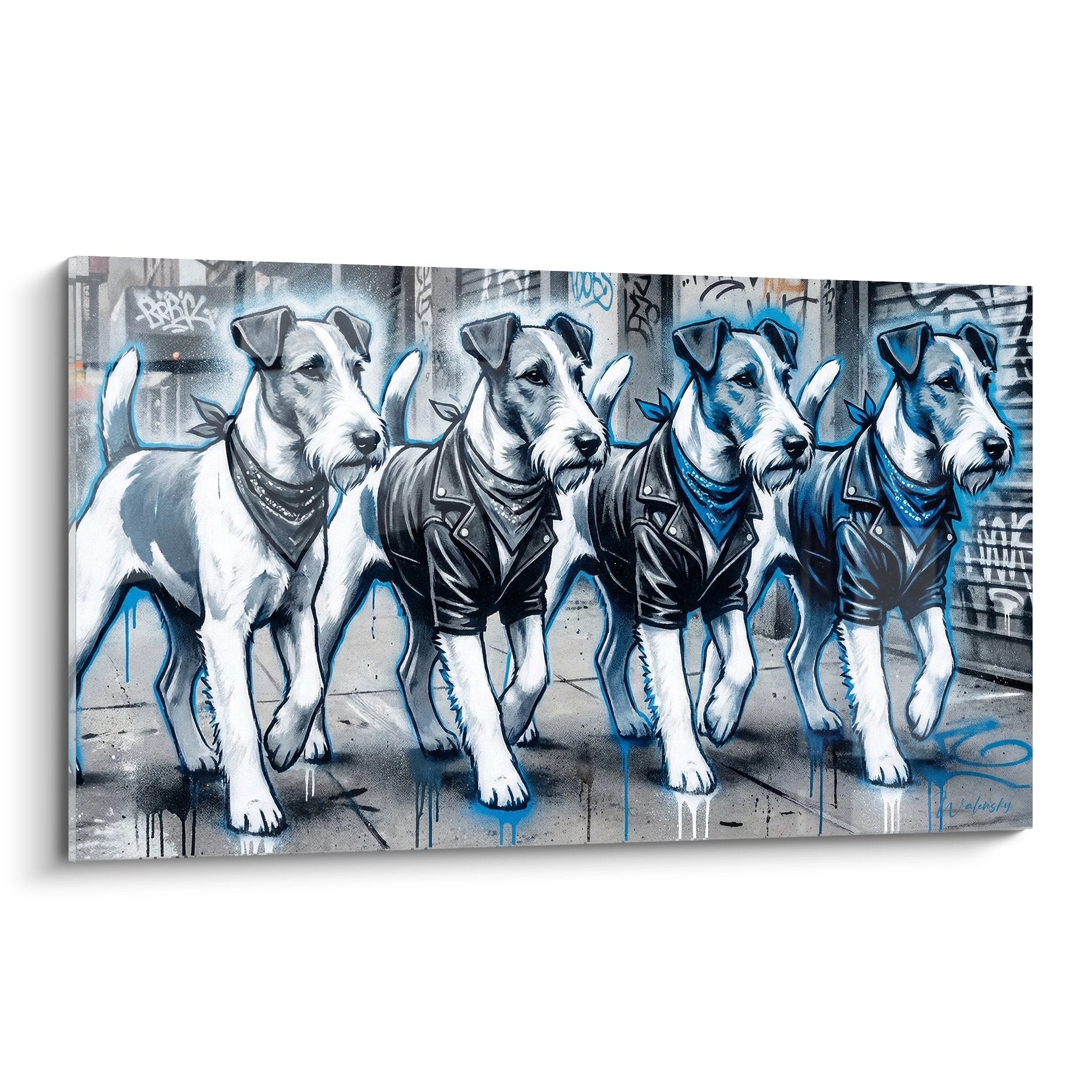Tableau quatre Fox Terrier en vestes cuir noires style motards urbain art mural canin moderne
