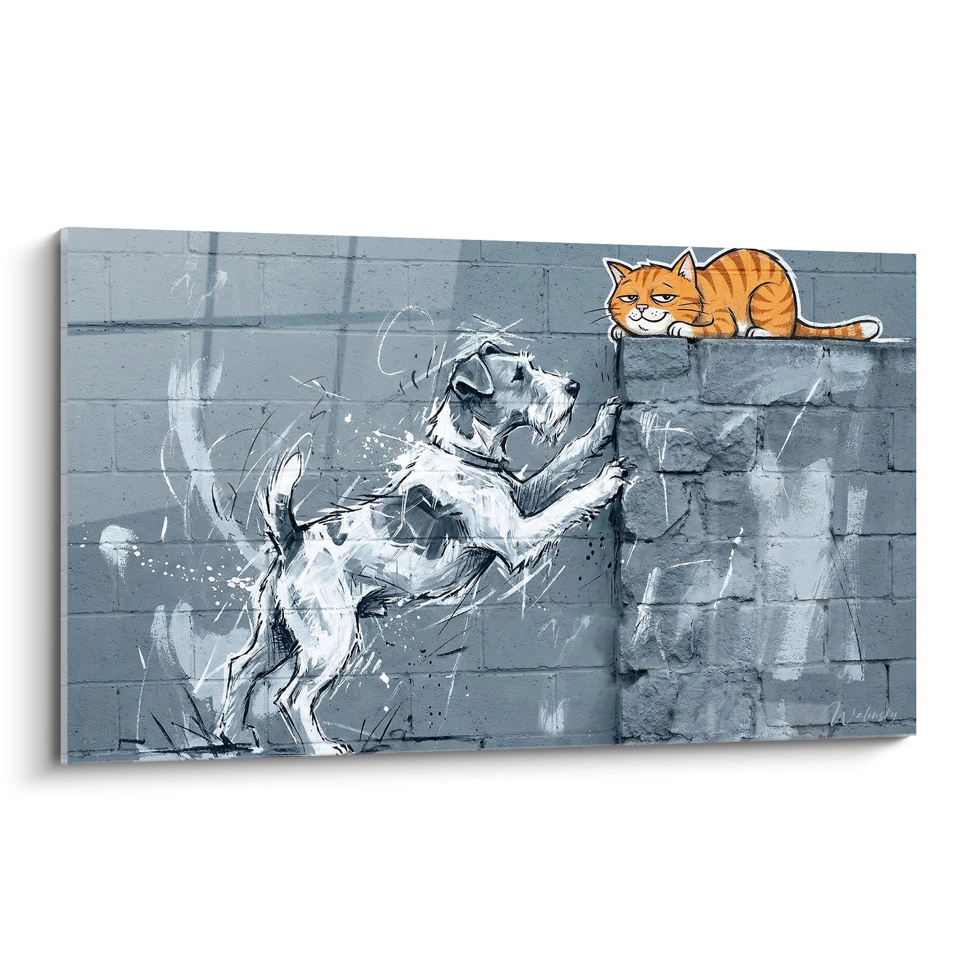 Tableau mural fox terrier blanc graffiti et chat roux sur mur briques grises art urbain contemporain