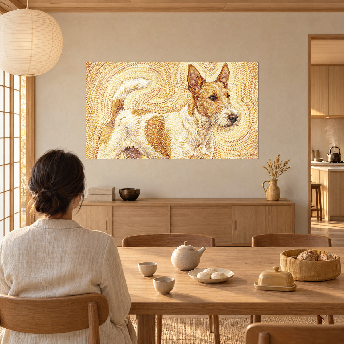 Wall art dog in mosaic of orange and ivory dots, pointed ears, seen from behind by a woman near a dining table