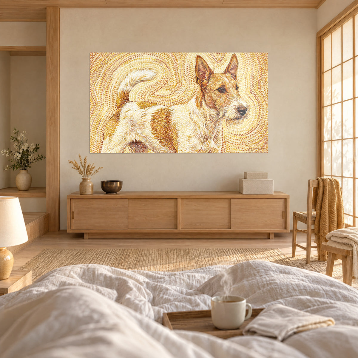 Wall art small speckled terrier in mosaic, brown muzzle, golden gaze on a cream background, above a bed in a light bedroom