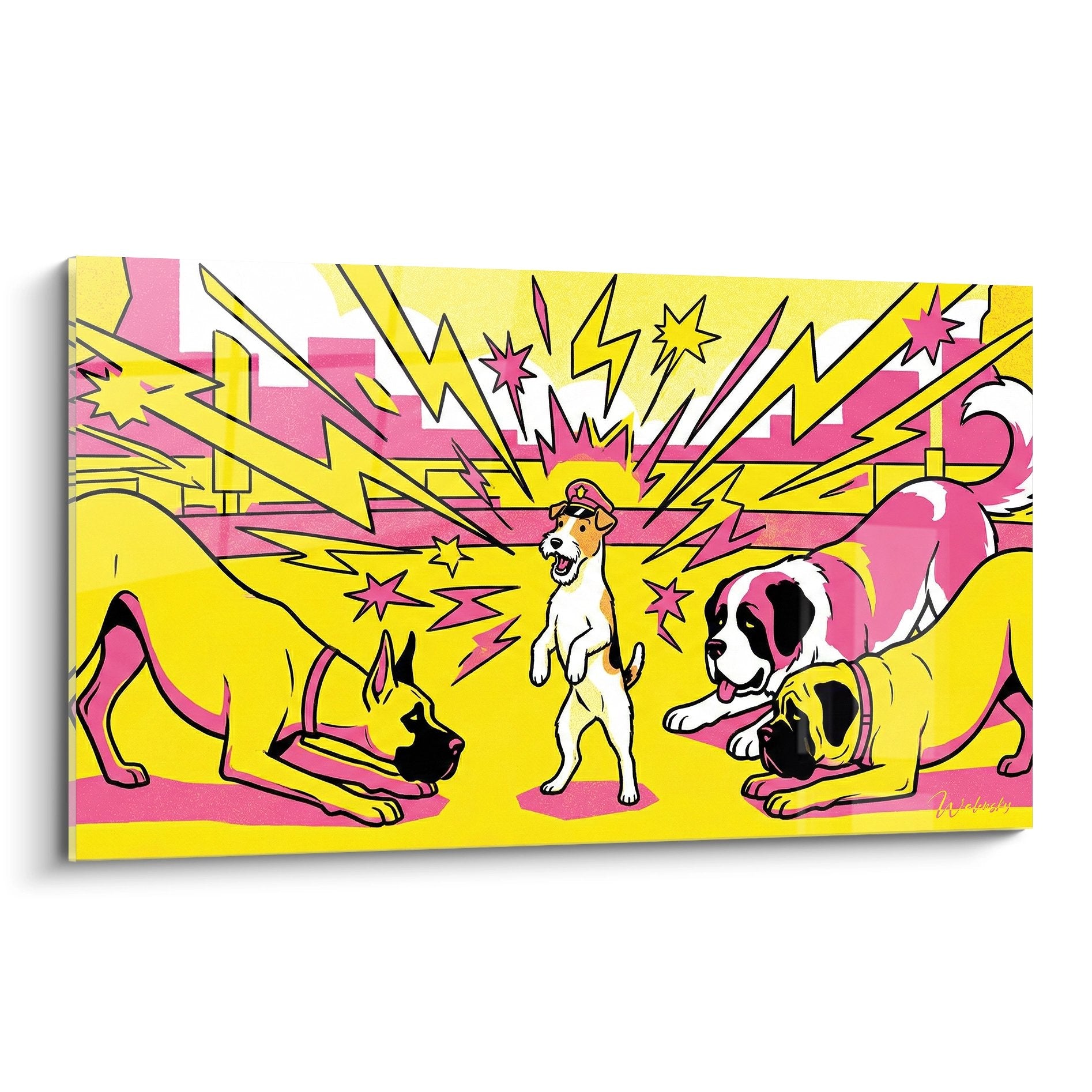 Tableau pop art Fox Terrier héroïque explosion jaune rose style bande dessinée chiens colorés