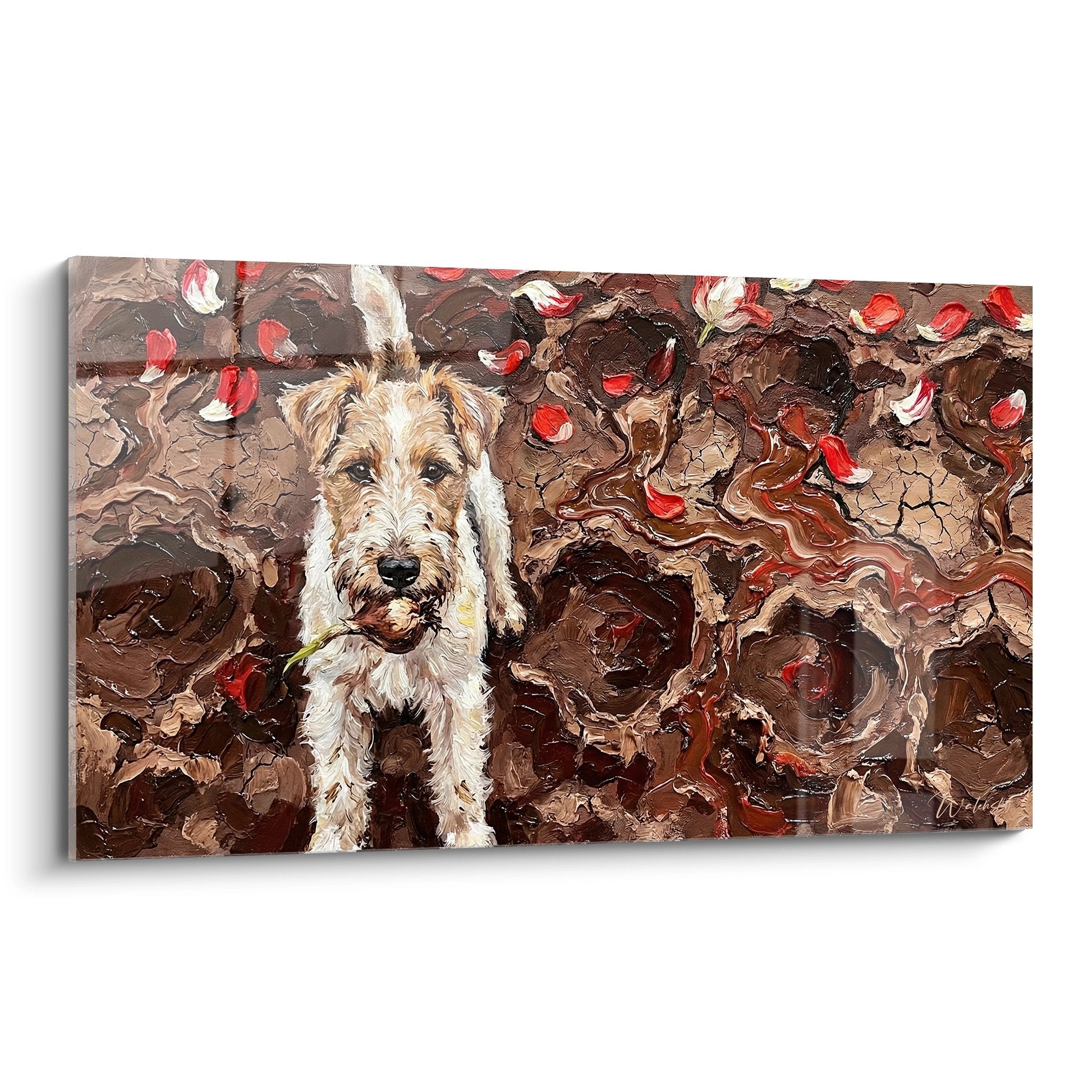 Tableau Fox Terrier peinture texturée regard tendre pétales rouges style rustique art animalier contemporain