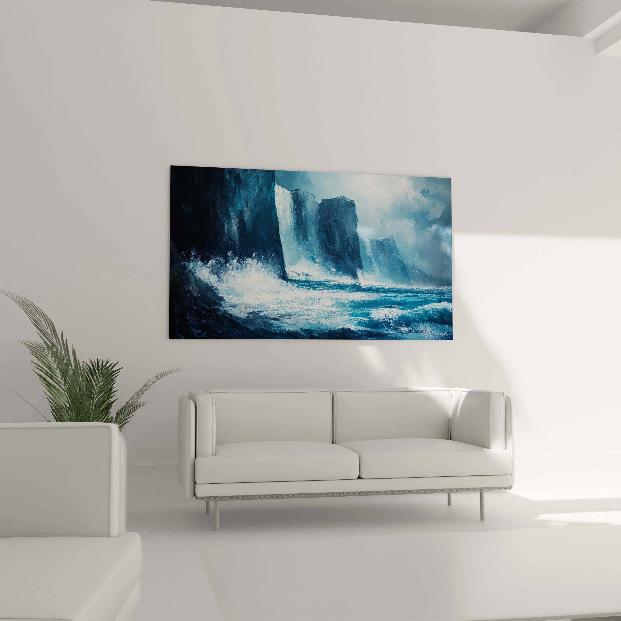 Un tableau maritime dramatique illustrant la collision entre des vagues bleues puissantes et des formations rocheuses sombres, avec une écume blanche vibrante et des effets de texture créant un mouvement dynamique, le tout baigné dans une luminosité diffuse et mystérieuse.