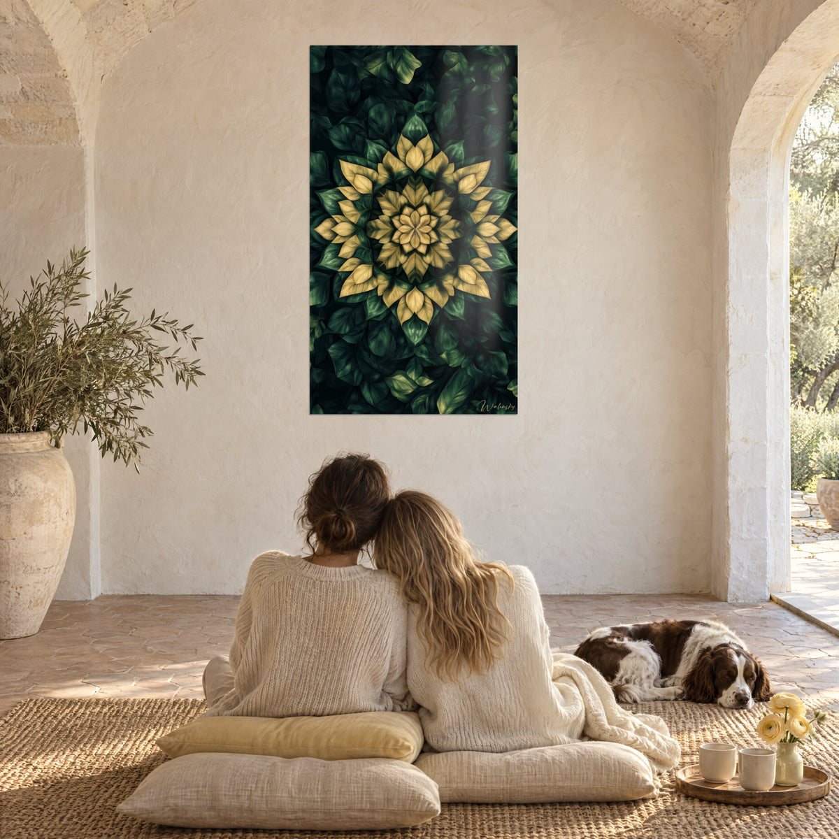 Cuadro estrella vegetal dorada rodeada de hojas esmeralda, dos mujeres de espaldas sobre cojines beige, spaniel marrón y blanco