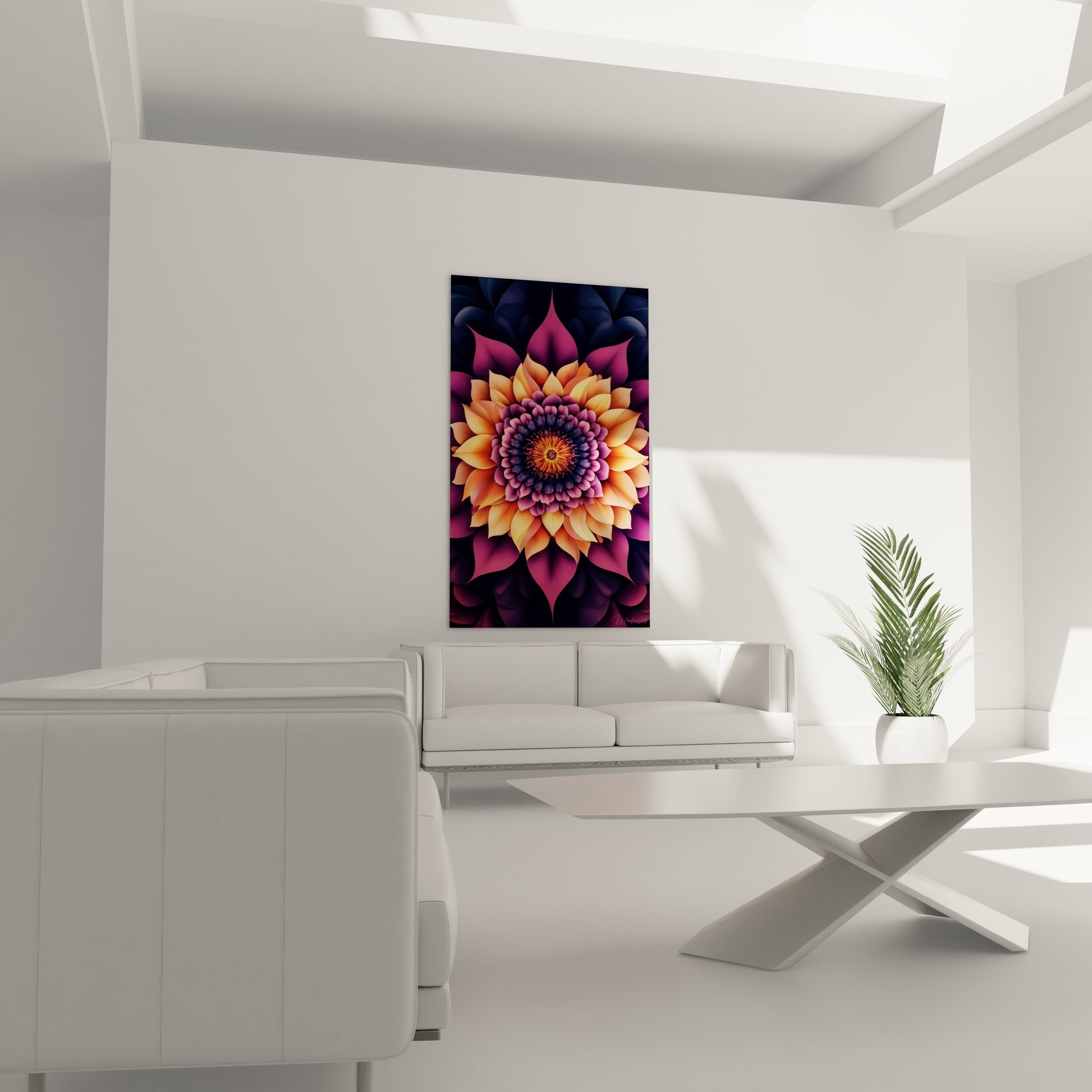 Gros plan détail tableau fractale fleur mandala pétales orange violet géométrie sacrée