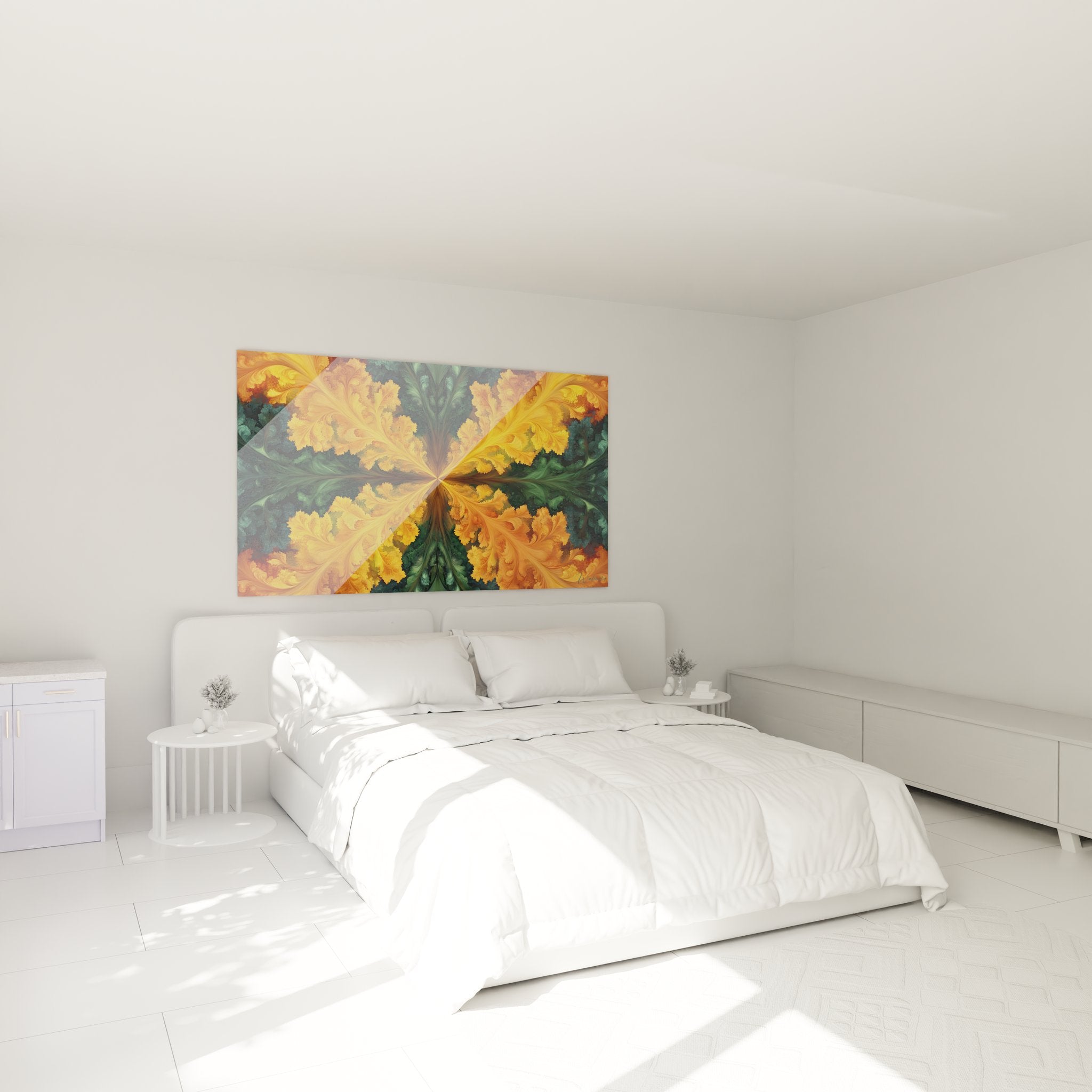 Tableau fractale ornemental en décoration chambre, ambiance art mural design contemporain