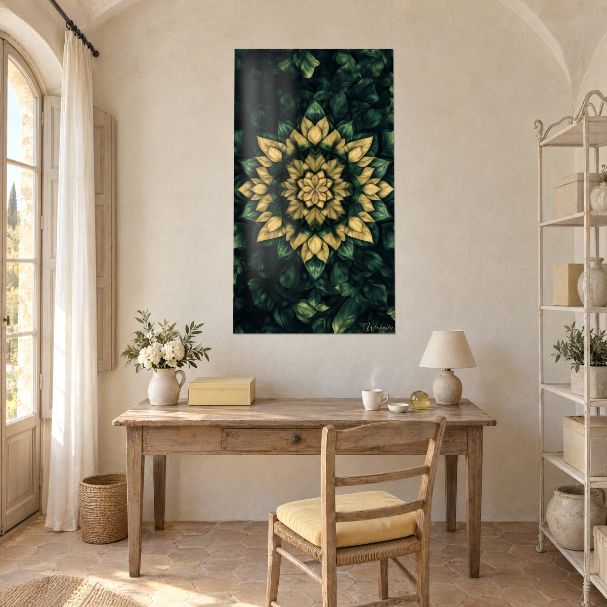 Cuadro corola geométrica de hojas doradas sobre fondo verde oscuro, encima de un escritorio de madera clara, silla con cojín amarillo