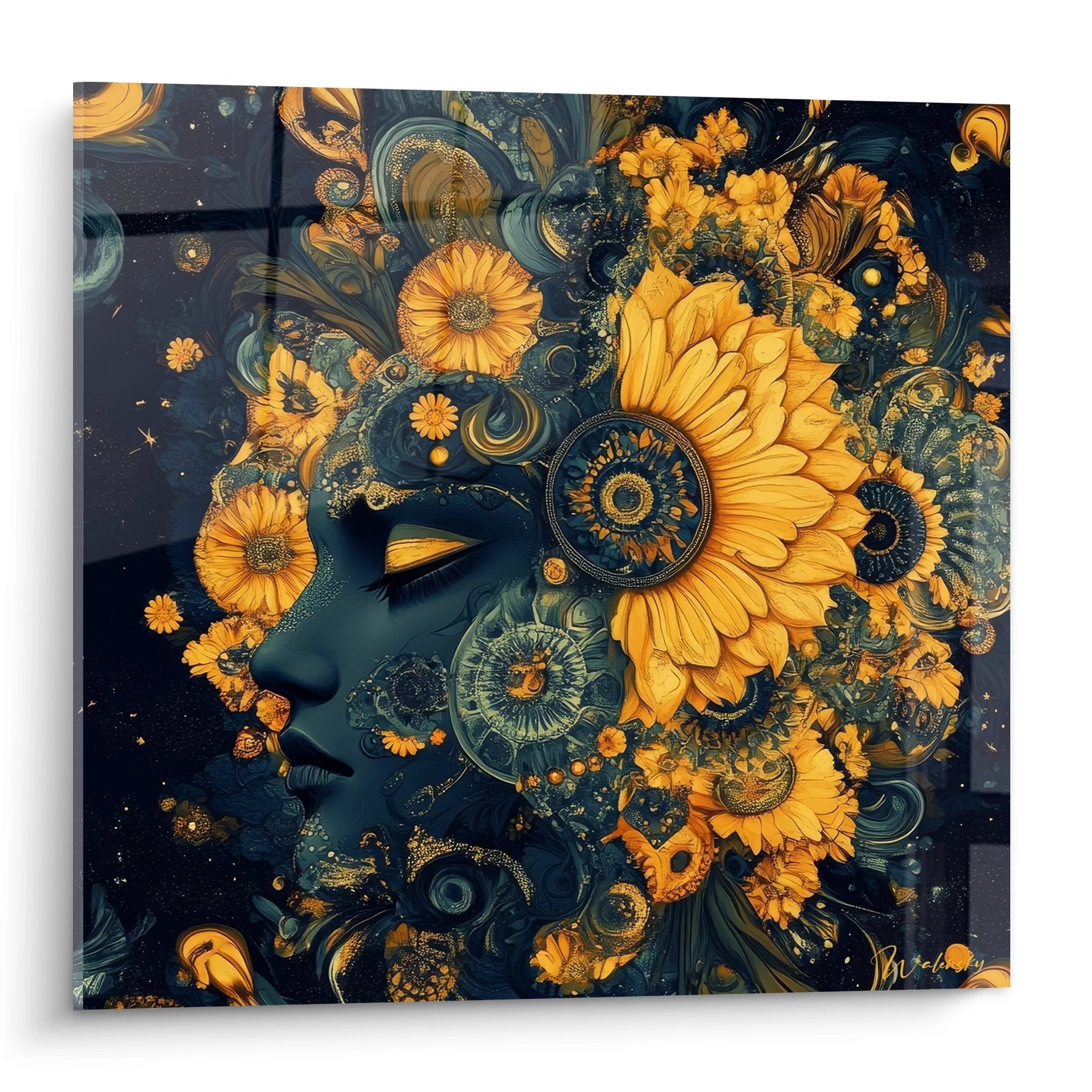 Tableau fractal visage féminin avec fleurs dorées et motifs géométriques art mural moderne
