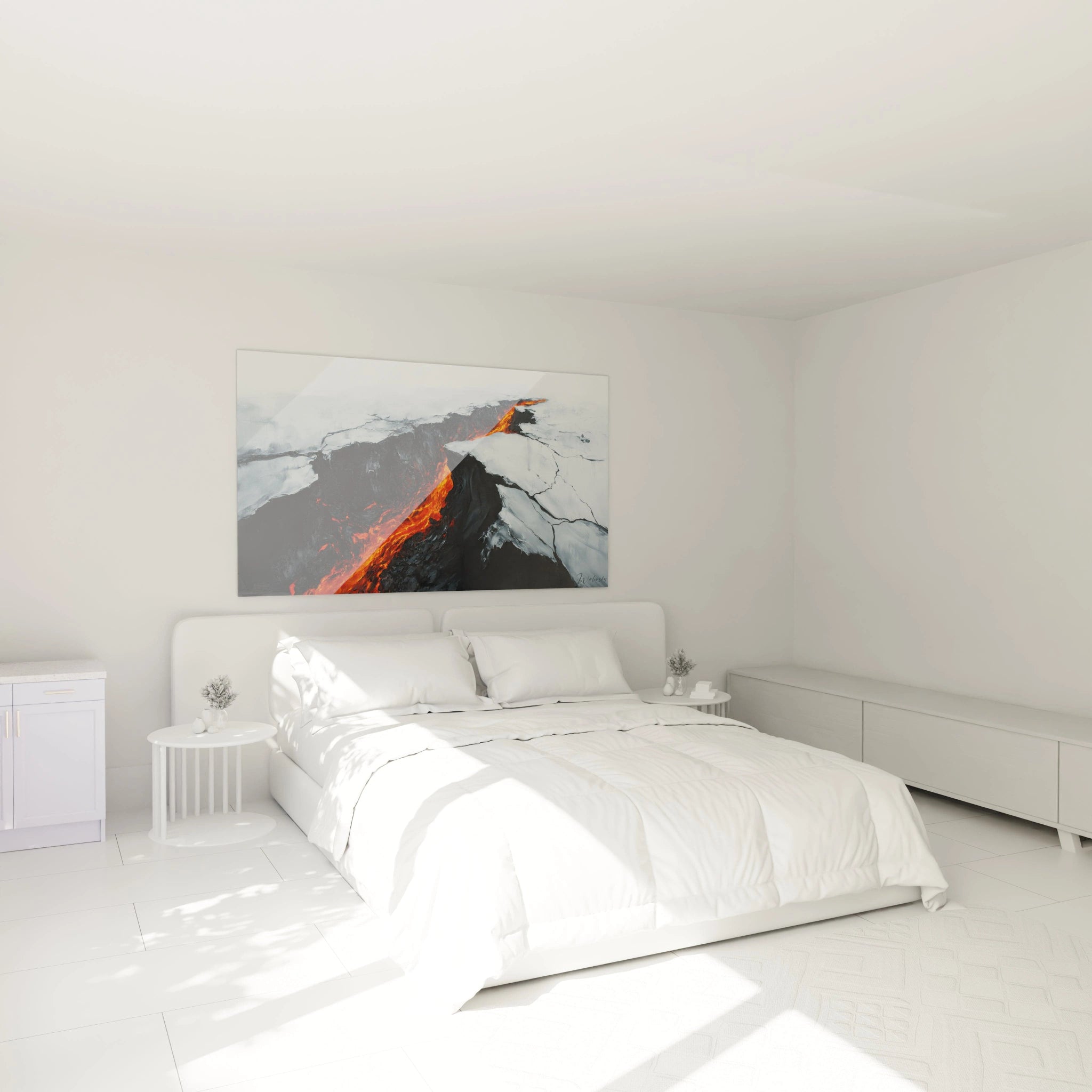 Un tableau volcanique illustrant une crevasse profonde d'où jaillit un fleuve de magma incandescent, traversant un terrain enneigé blanc et gris, mettant en valeur le contraste entre la chaleur destructrice et la froideur immaculée avec des coups de pinceau expressifs.