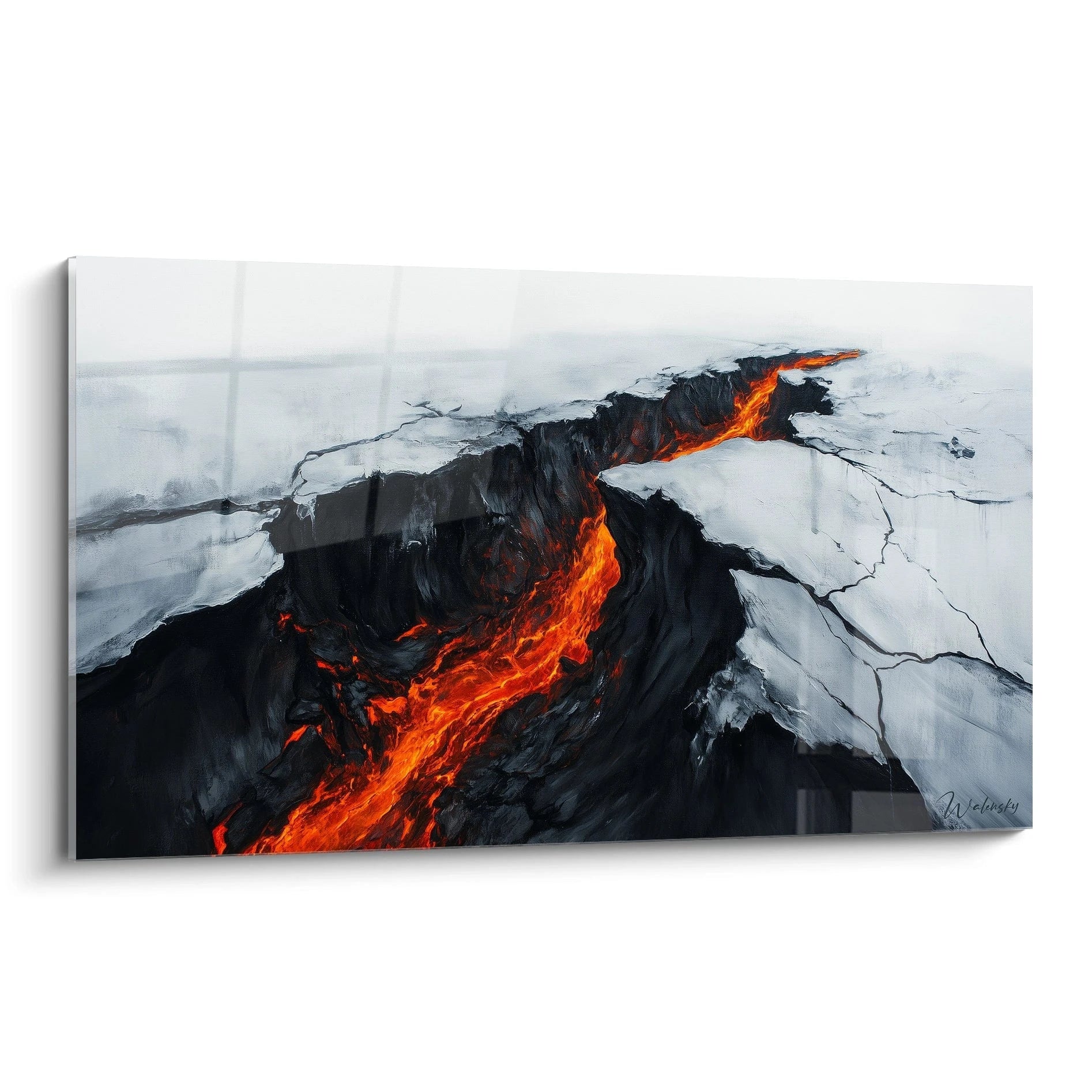 Un tableau artistique représentant une fissure volcanique avec de la lave orange vif s'écoulant à travers un paysage glacé blanc, créant un contraste dramatique entre feu et glace avec des textures épaisses et des effets de lumière saisissants.