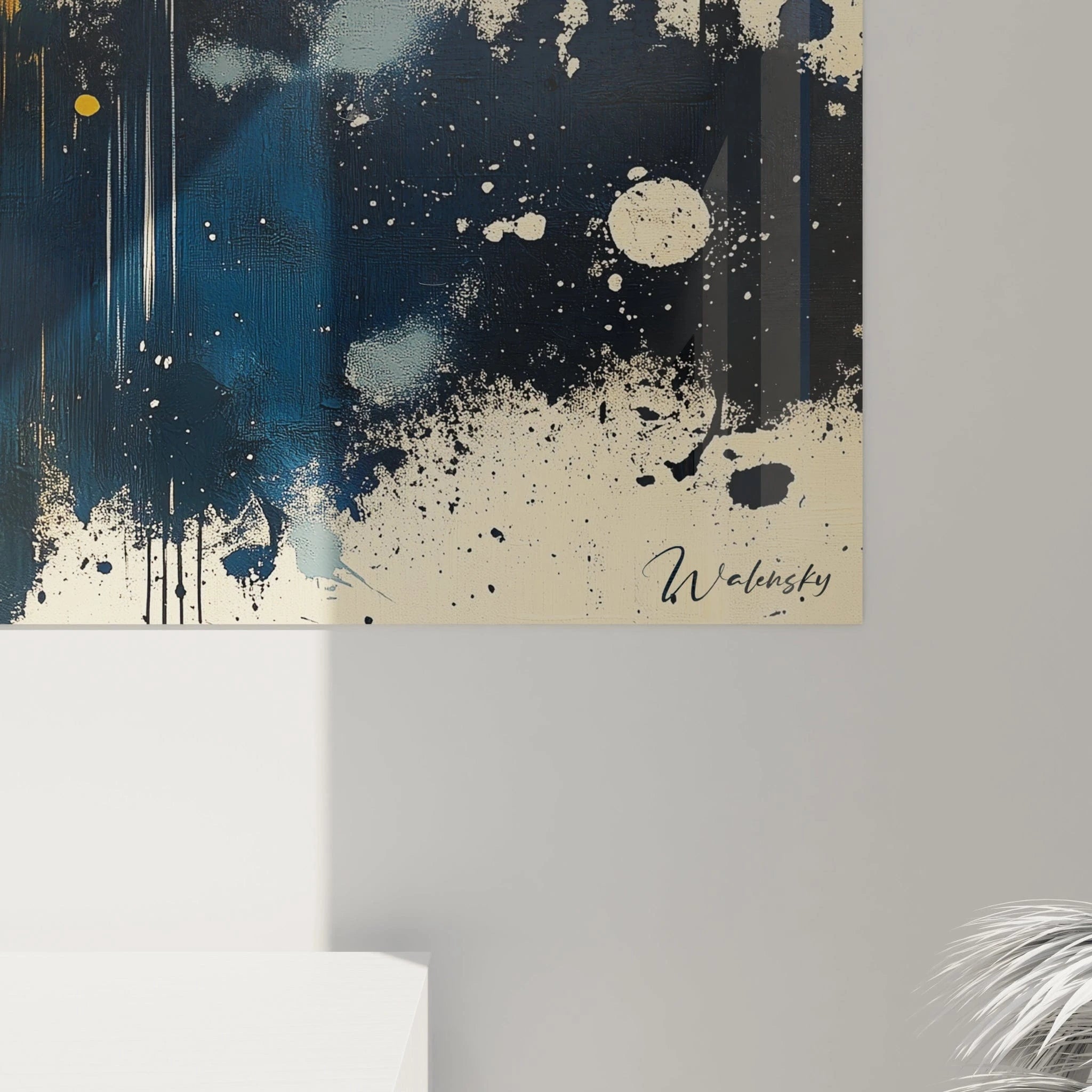 Tableau expressionniste abstrait de Walensky avec des éclaboussures de bleu et de crème