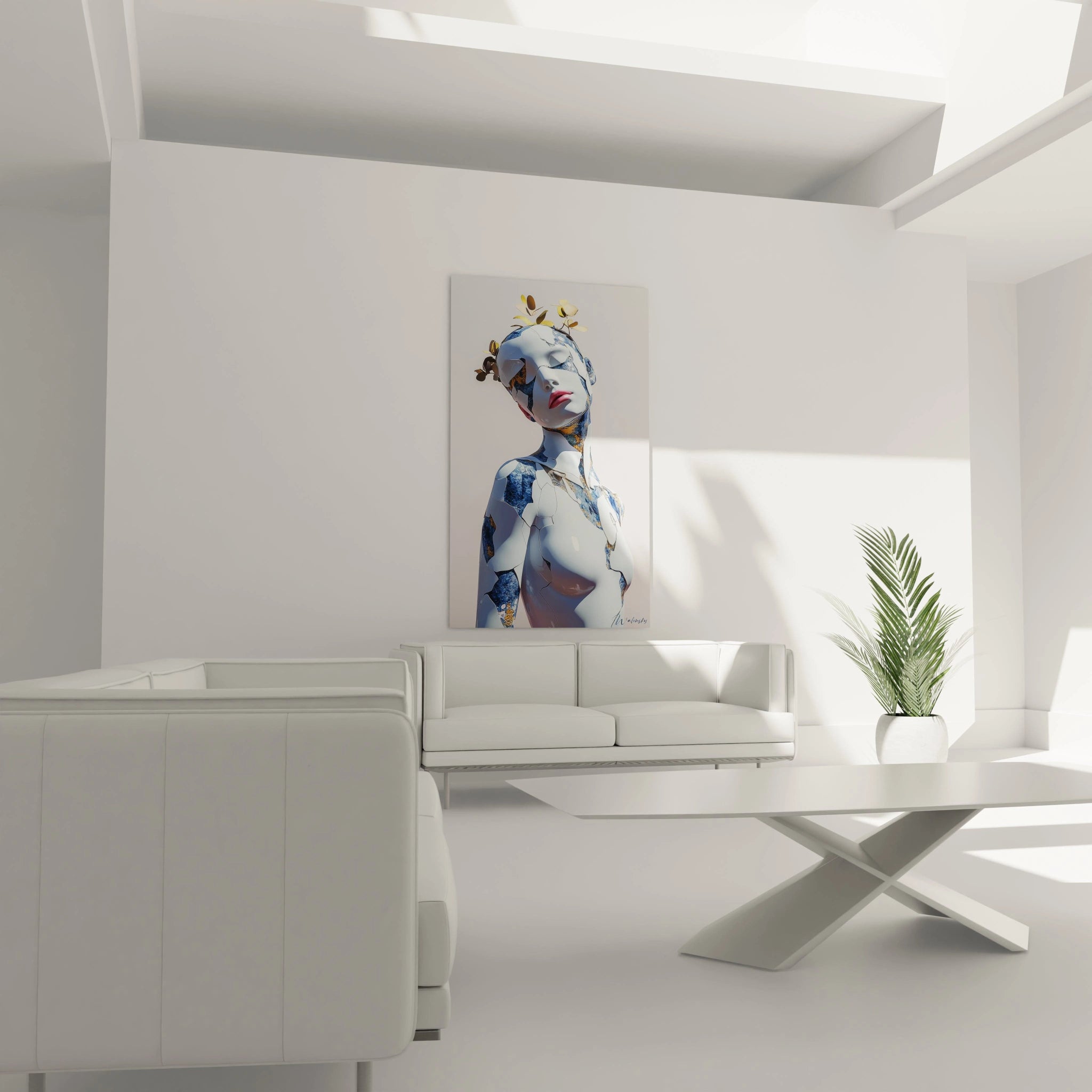 Tableau sensuelle abstrait représentant une figure féminine élancée, ornée de motifs dorés et noirs, avec des transitions fluides sur un arrière-plan neutre.