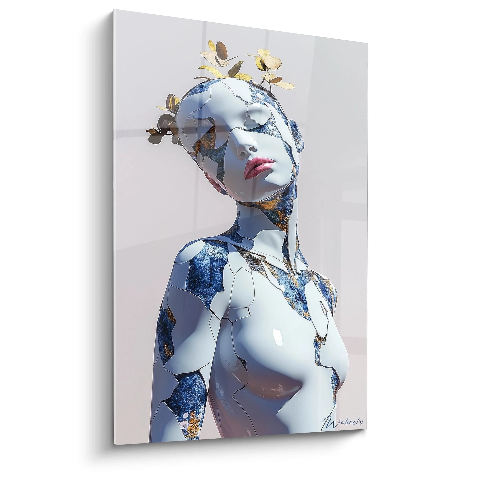 Un tableau sensuelle abstrait montrant une silhouette féminine stylisée, avec des teintes blanches, dorées et noires, et des textures lisses sur un fond uniforme.