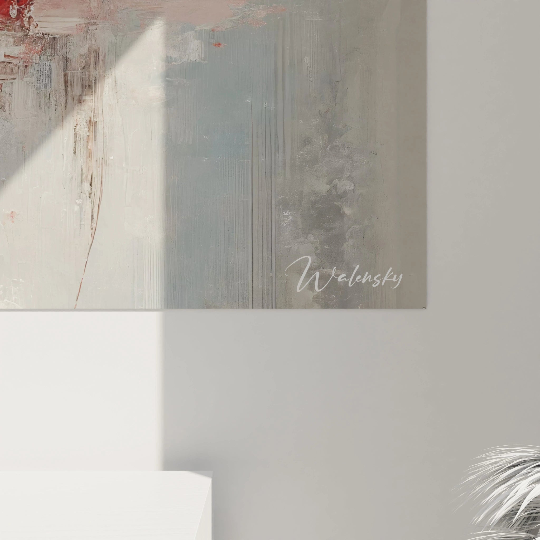 Vue rapprochée du tableau 'Fragmentation intérieure'. Texture épaisse, touches de peinture déconstructives et couleurs neutres créant une ambiance introspective."