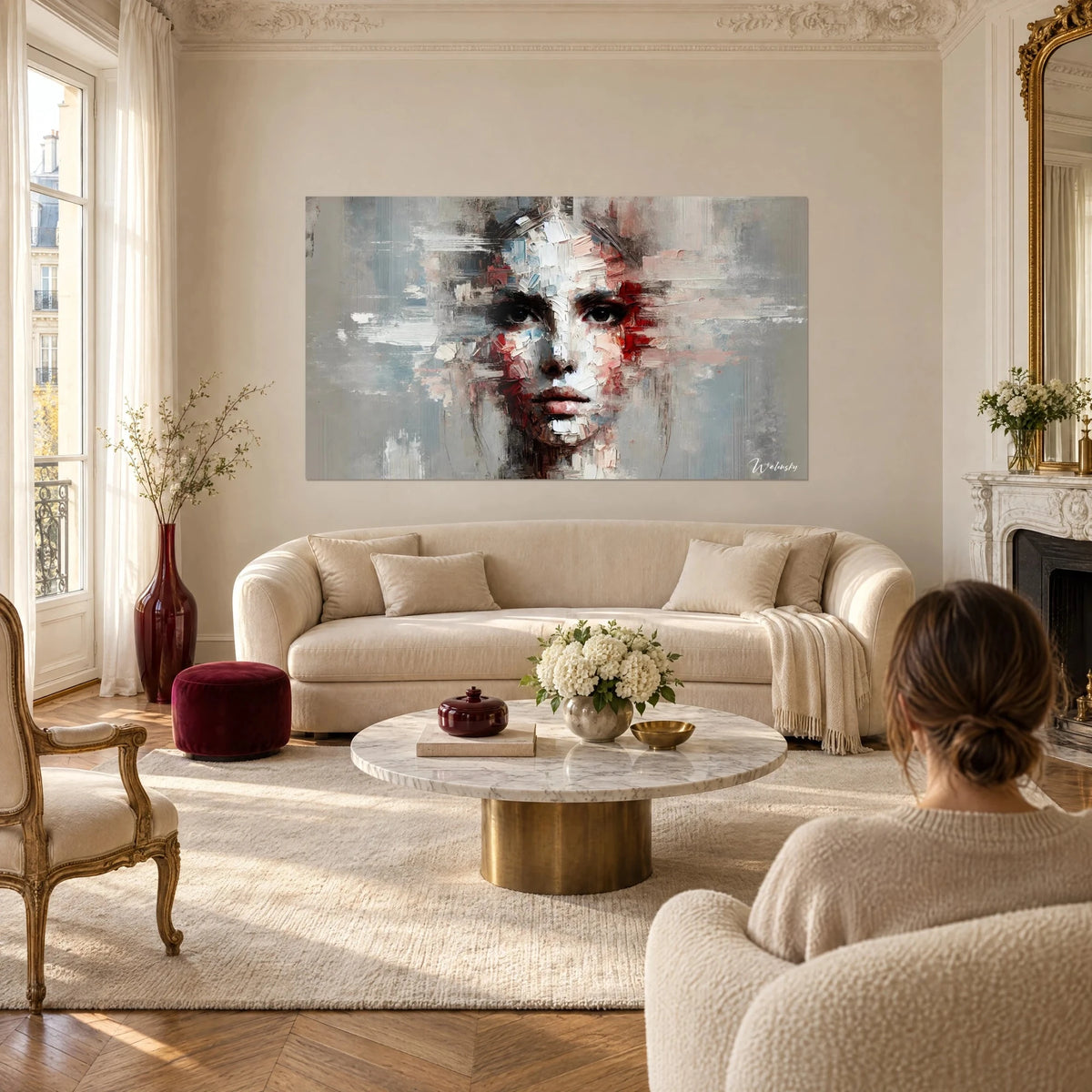 Tableau portrait fragmenté au couteau, rouge carmin et gris perle, face à une femme de dos, au-dessus d'un canapé dans un salon lumineux