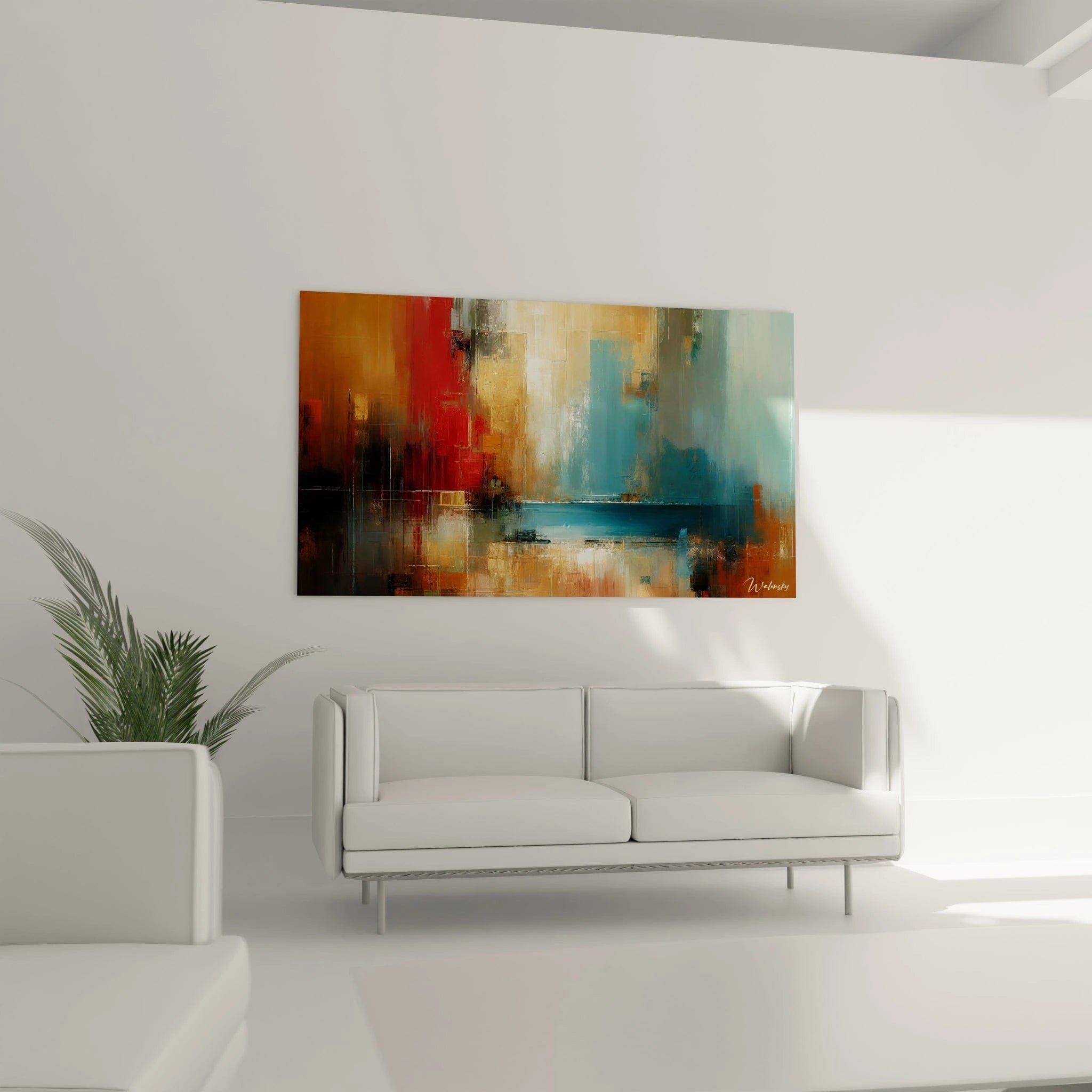 Un tableau abstrait d'horizon citadin au bord de l'eau. Les couleurs principales sont rouge carmin, bleu céruléen, or et beige. La texture montre des couches semi-transparentes appliquées en larges coups de pinceau, formant des sections verticales qui se reflètent dans une bande horizontale bleu vif, avec un jeu entre zones floues et zones plus structurées.