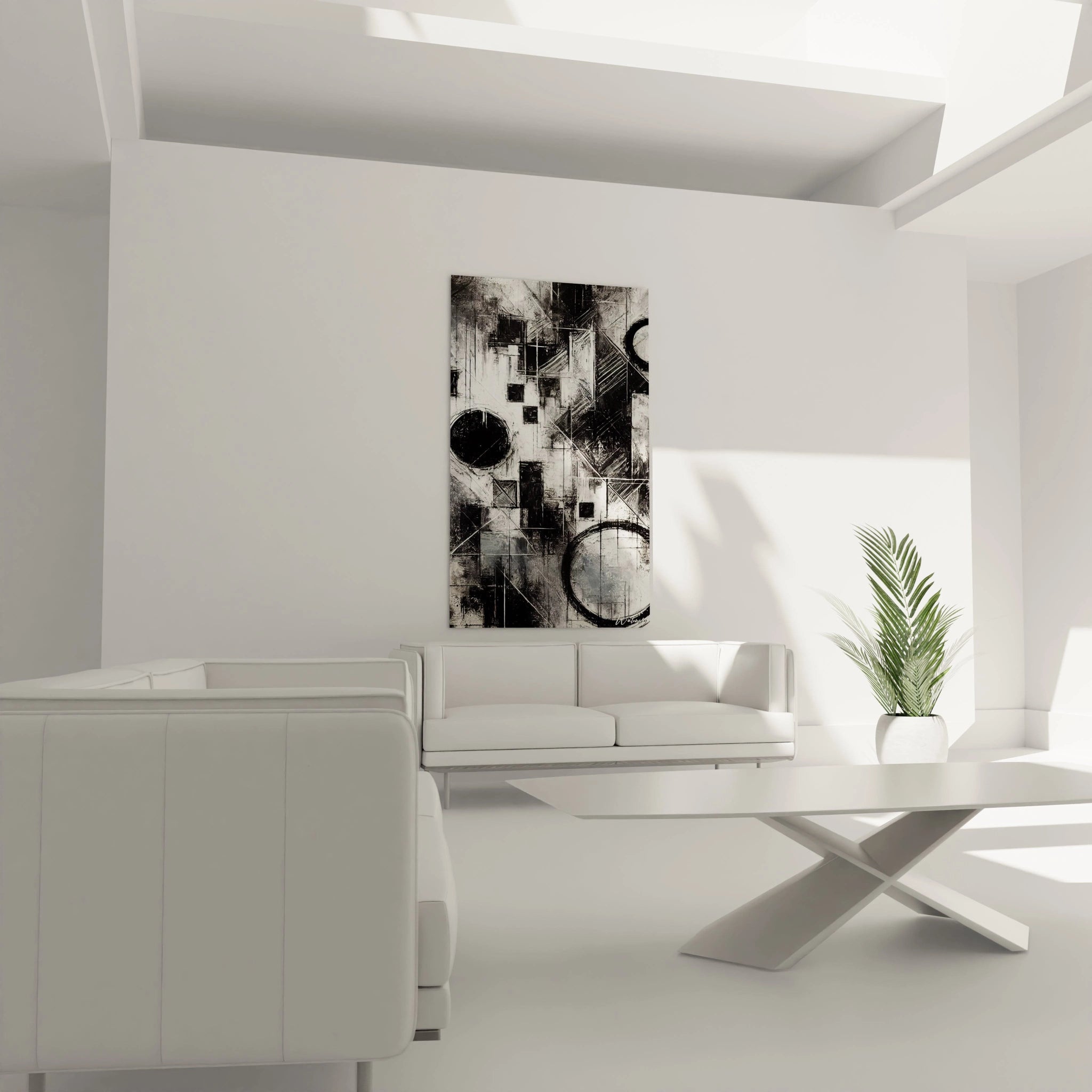 Tableau 'Fragments d’Absolu' placé au-dessus d’un canapé dans un salon. Les formes carrées, rectangles et cercles en noir et blanc ajoutent une ambiance abstraite et élégante à l’intérieur."