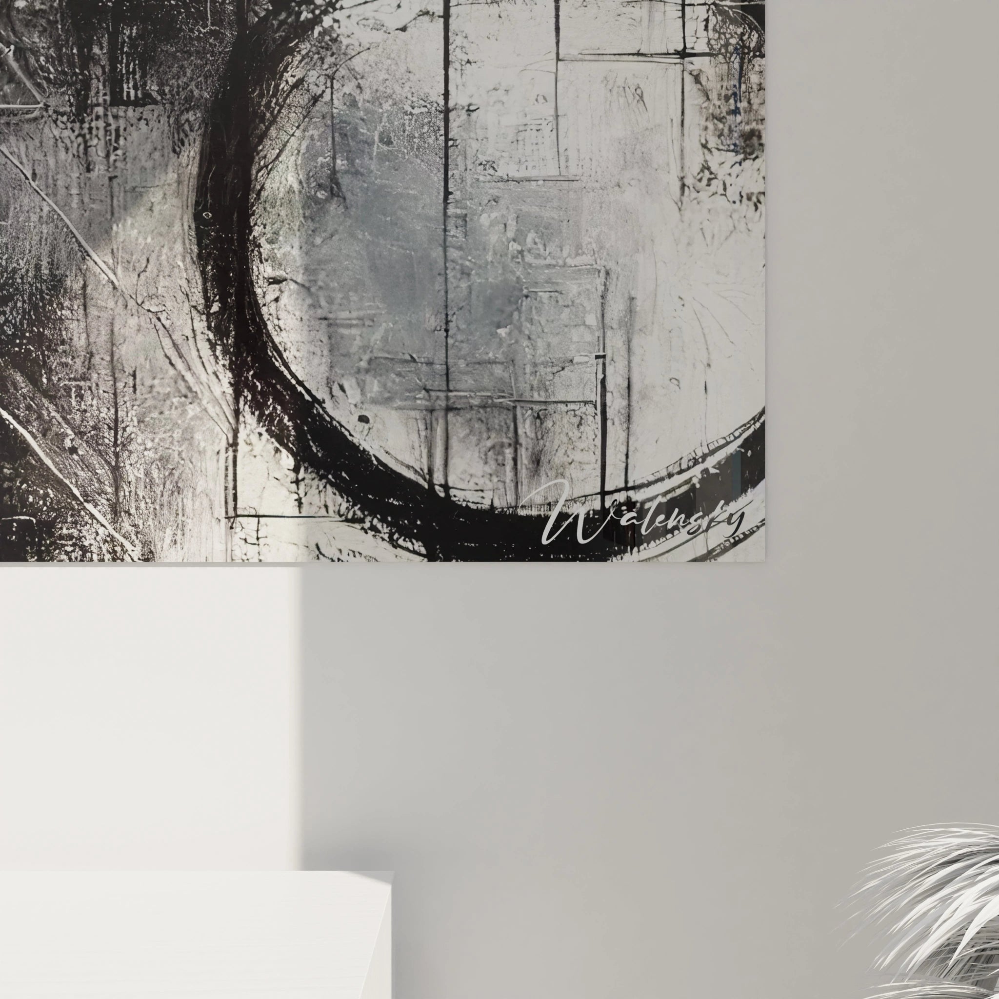 "Gros plan sur 'Fragments d’Absolu', révélant les détails des coups de pinceau et des hachures. Le mélange de textures brutes et lisses crée un effet de tension artistique unique."