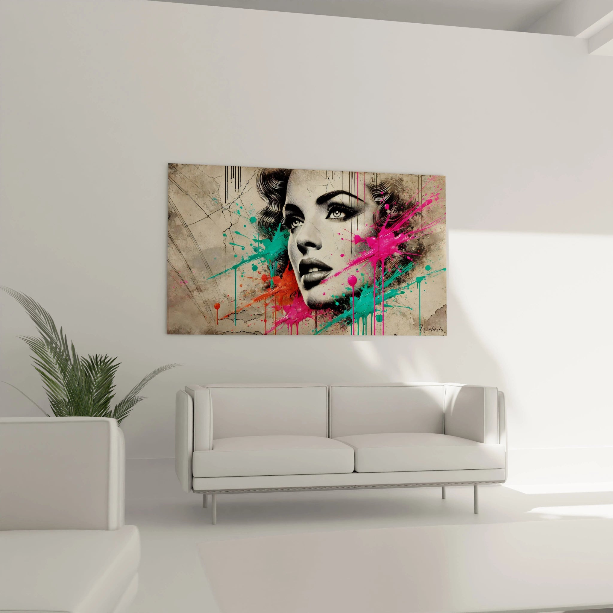 Installe dans un salon, ce tableau graffiti rehausse l'espace avec ses nuances de rose et turquoise. Une touche artistique qui attire les regards.