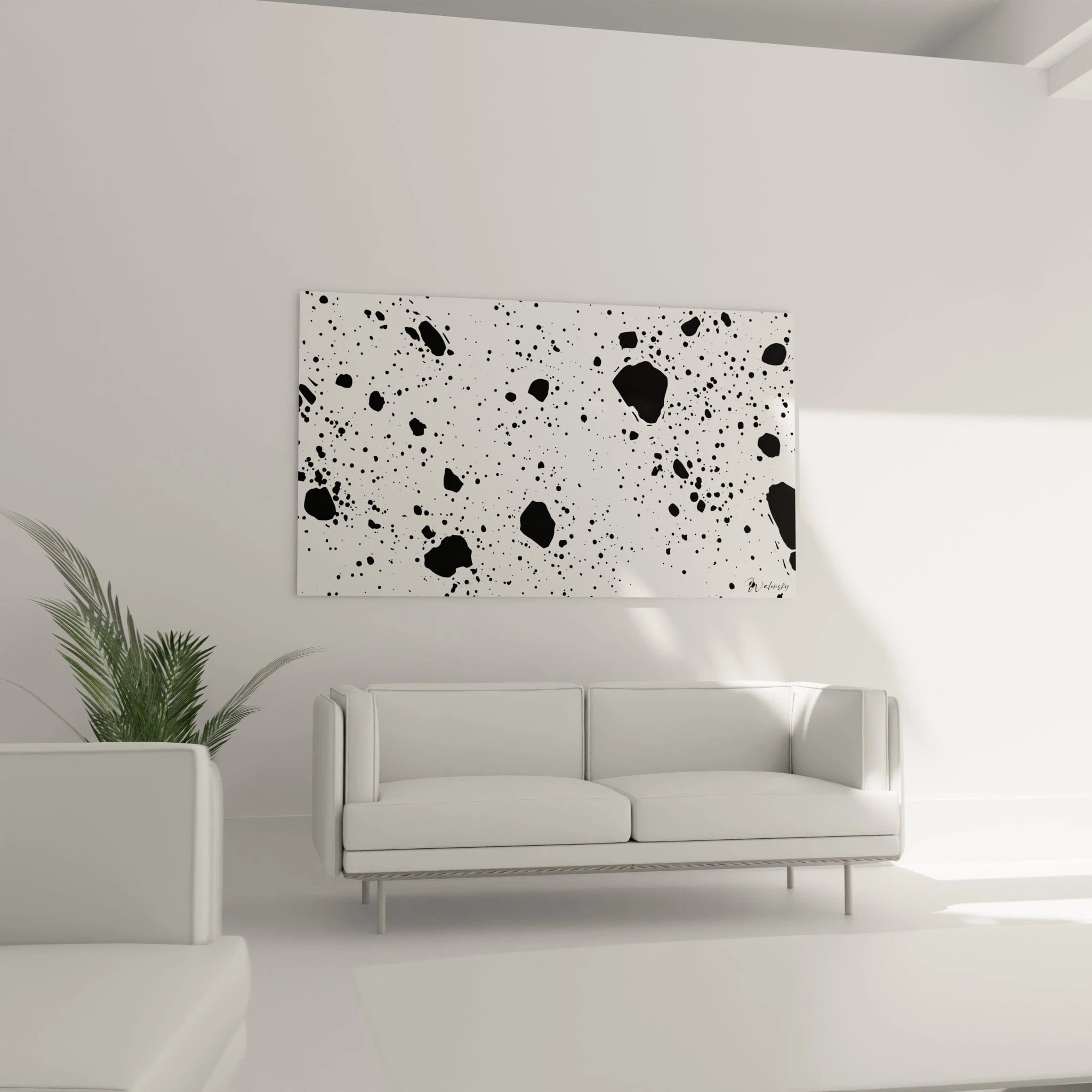Tableau tacheté noir et blanc de Walensky décorant un intérieur moderne minimaliste
