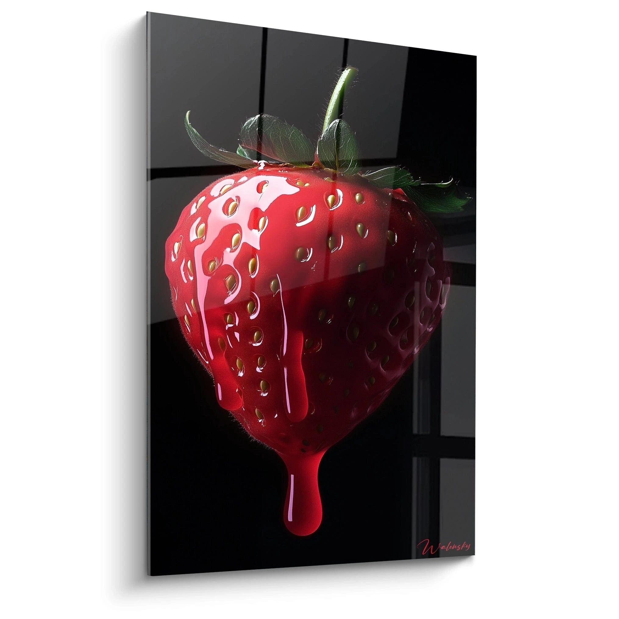 Un tableau fraise hyperréaliste représentant une fraise rouge vif avec des graines dorées, un fond noir intense et un effet liquide coulant sur sa surface lisse et brillante.