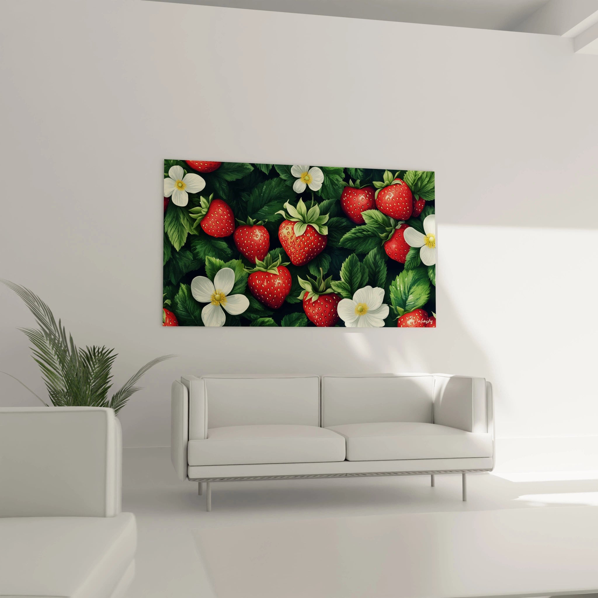 Un tableau fraise représentant des fraises détaillées avec des graines dorées, des pétales blancs et des feuilles texturées. Les contrastes entre ombres et lumières accentuent le réalisme des éléments.