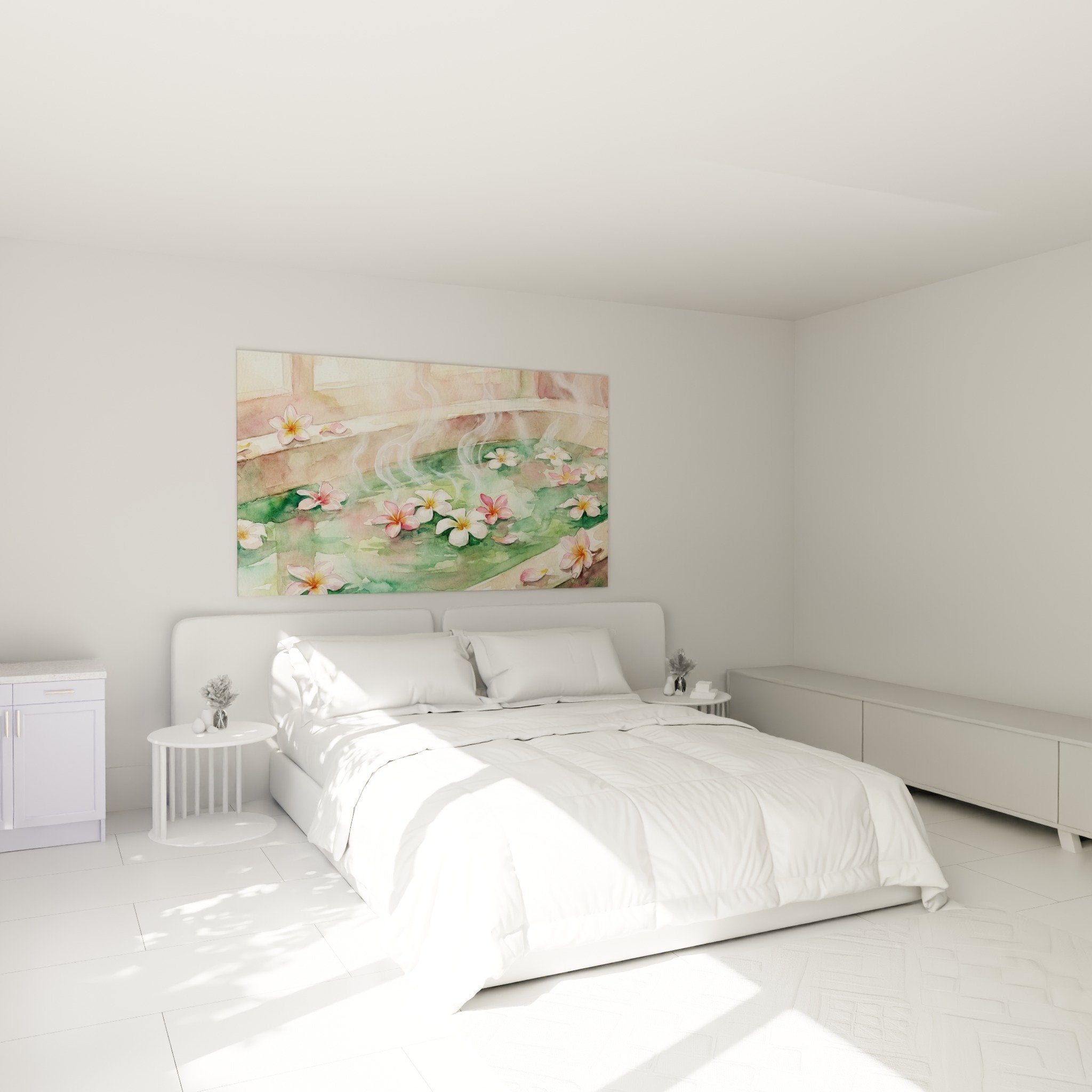 Aquarell-Plumeria-Gemälde im modernen Schlafzimmer, Wanddekoration, Zen-Bali-Dampf-Becken