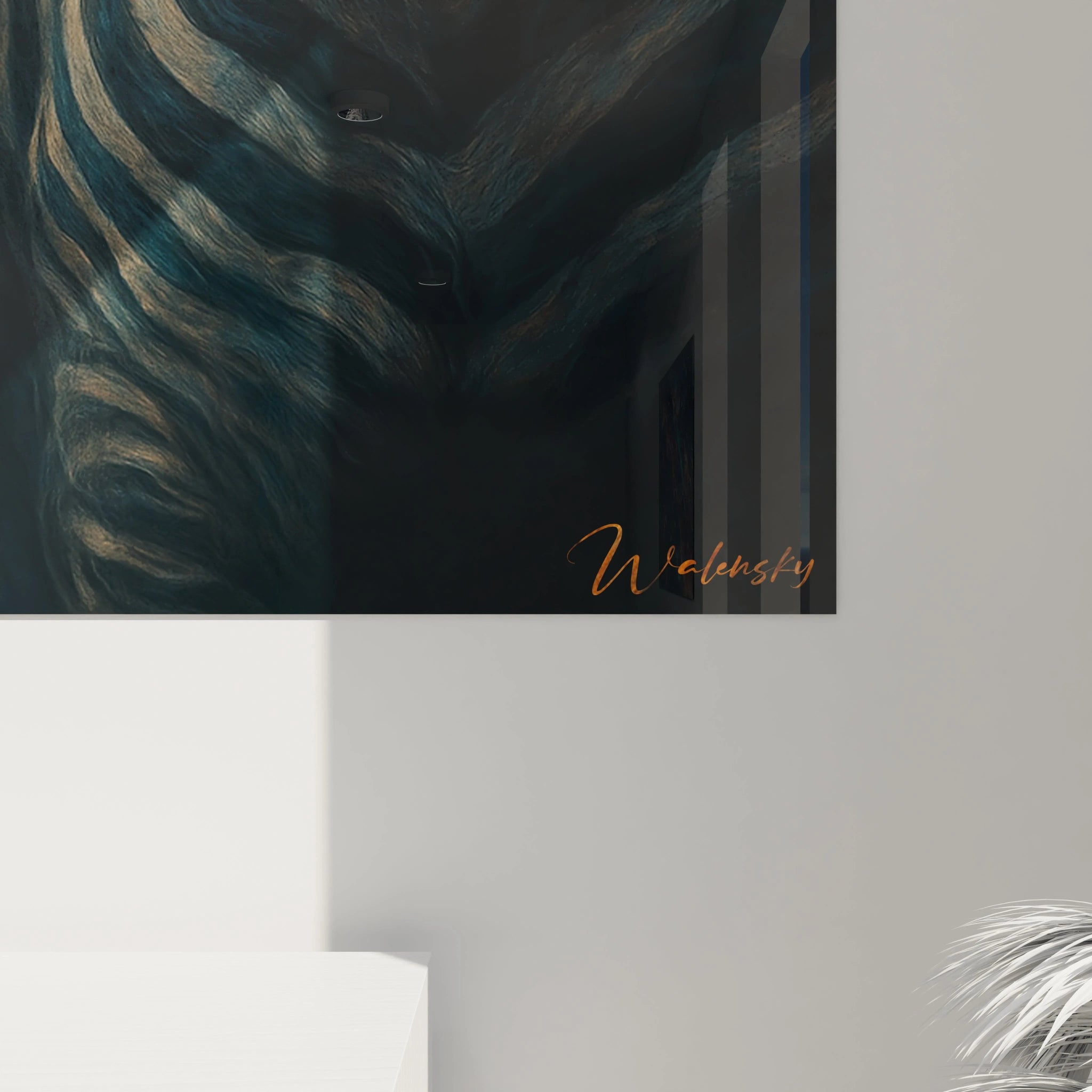 Un tableau zèbre mystique représentant la tête et l'encolure d'un zèbre. Les rayures caractéristiques se fondent dans un arrière-plan bleu-noir éthéré, tandis que des flammes orange illuminent la crinière. Effet de mouvement et textures vaporeuses omniprésentes.