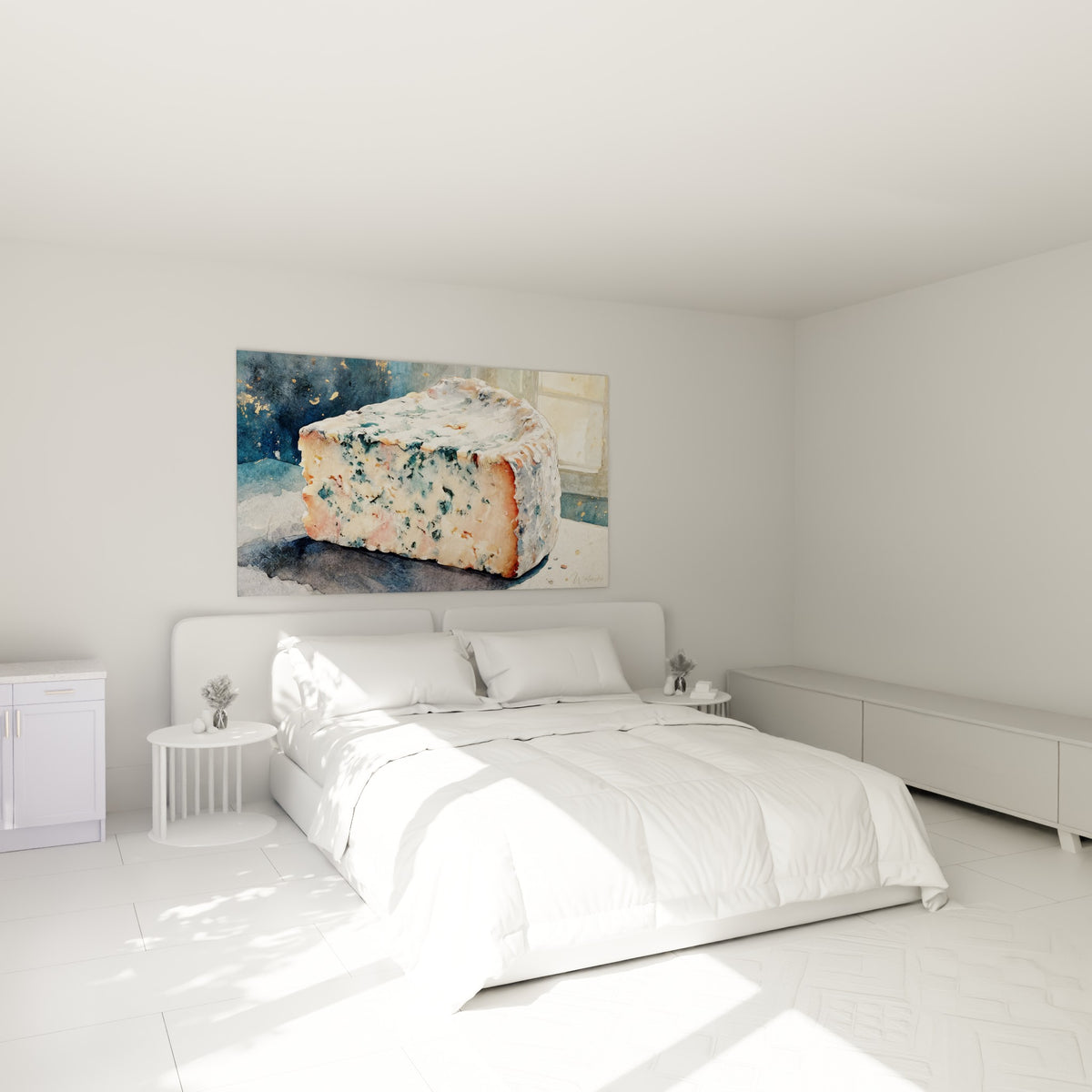 Bloc de fromage bleu et saumon en aquarelle, accroché au-dessus d'un lit dans une chambre claire