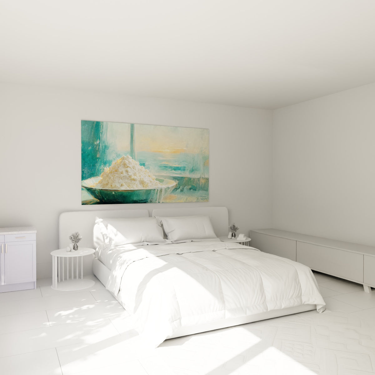 Bol de fromage blanc crémeux et lumière ocre marine, accroché au-dessus d'un lit dans une chambre claire
