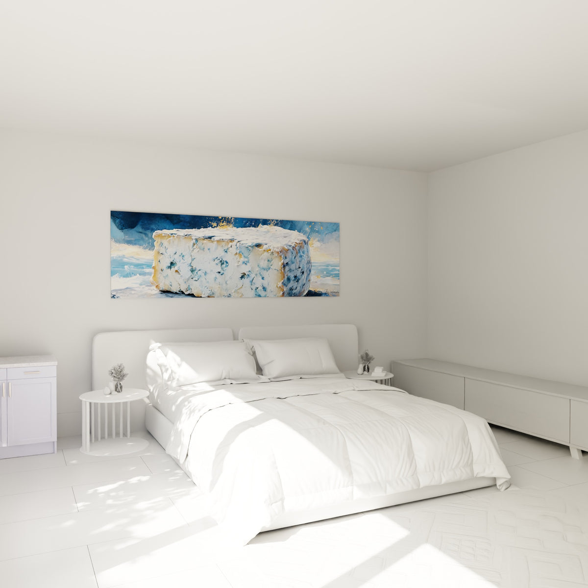 Fromage bleu anthracite et blanc texturé, touches dorées, au-dessus d'un lit dans une chambre claire