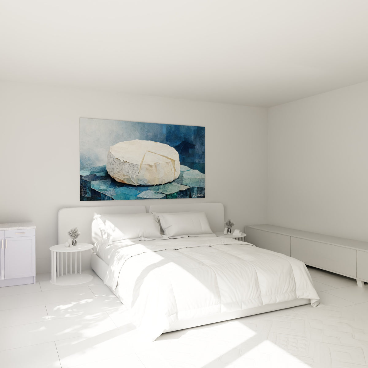 Fromage crème et bleu anthracite au-dessus d'un lit dans une chambre claire