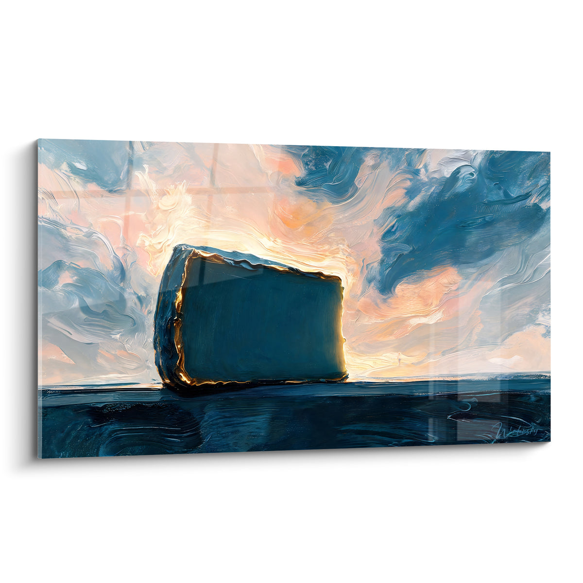 Fromage bleu marine se détachant sur un ciel doré et rose en pleine composition picturale