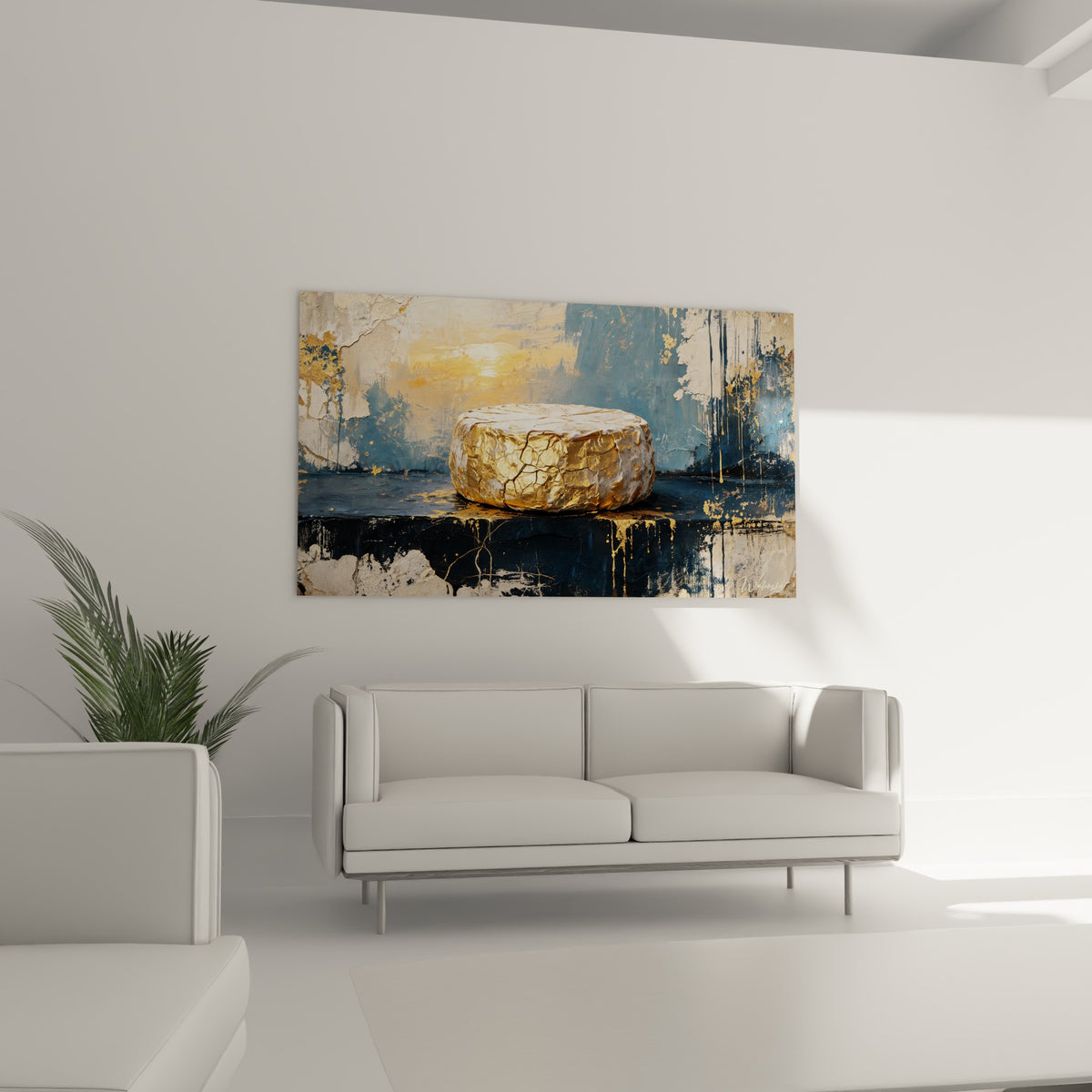 Composition dorée et bleu nuit représentant un fromage affiné au-dessus d'un canapé dans un salon lumineux