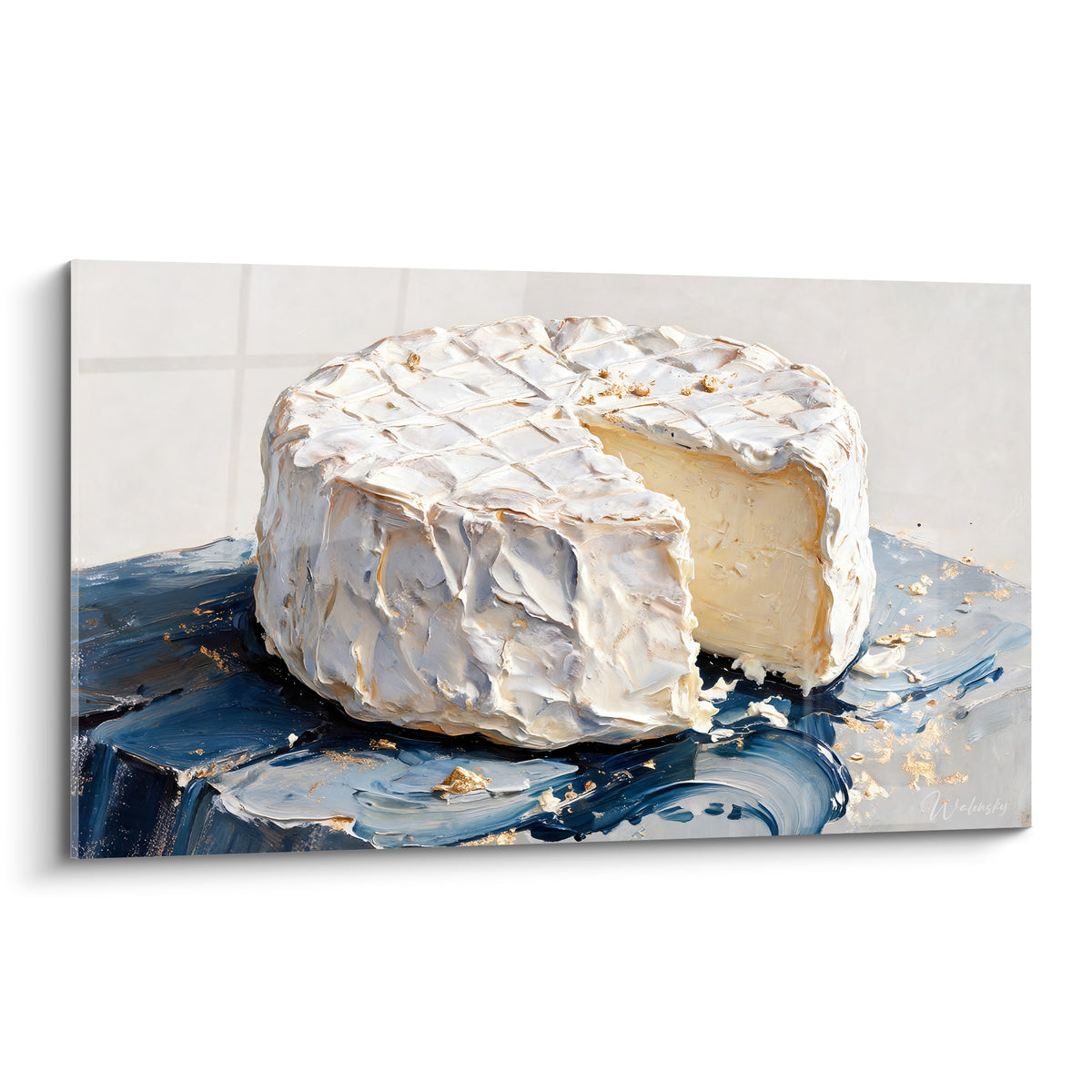 Camembert entamé peint en relief blanc crayeux sur fond bleu marine et doré