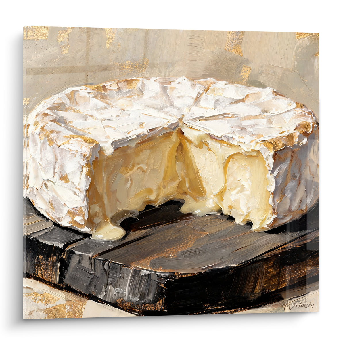 Camembert entrouvert blanc et doré, cœur crémeux jaune coulant sur planche noire.